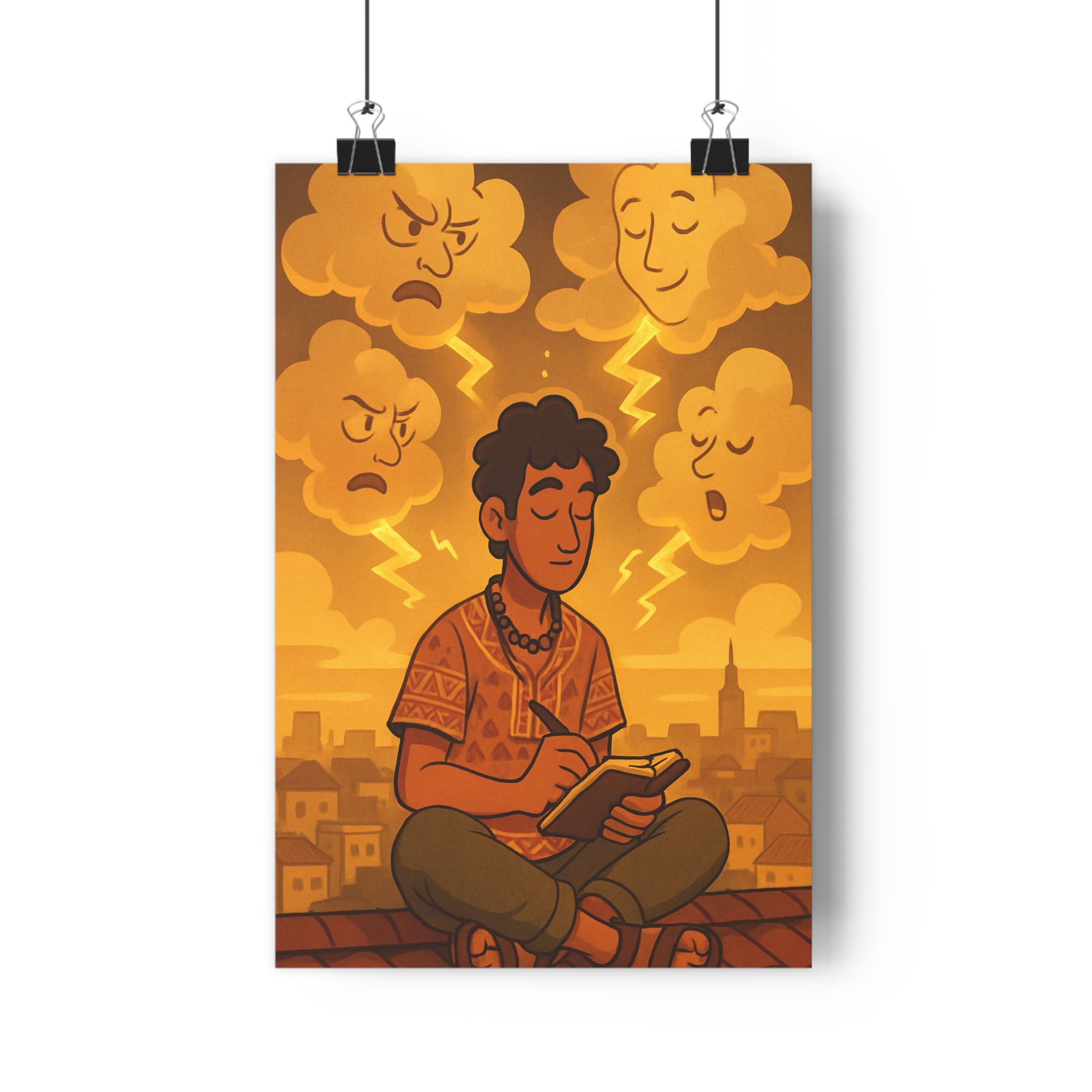 Poster décoratif ethnique illustration orange jaune serein mystique salon chambre relaxation méditation zen art