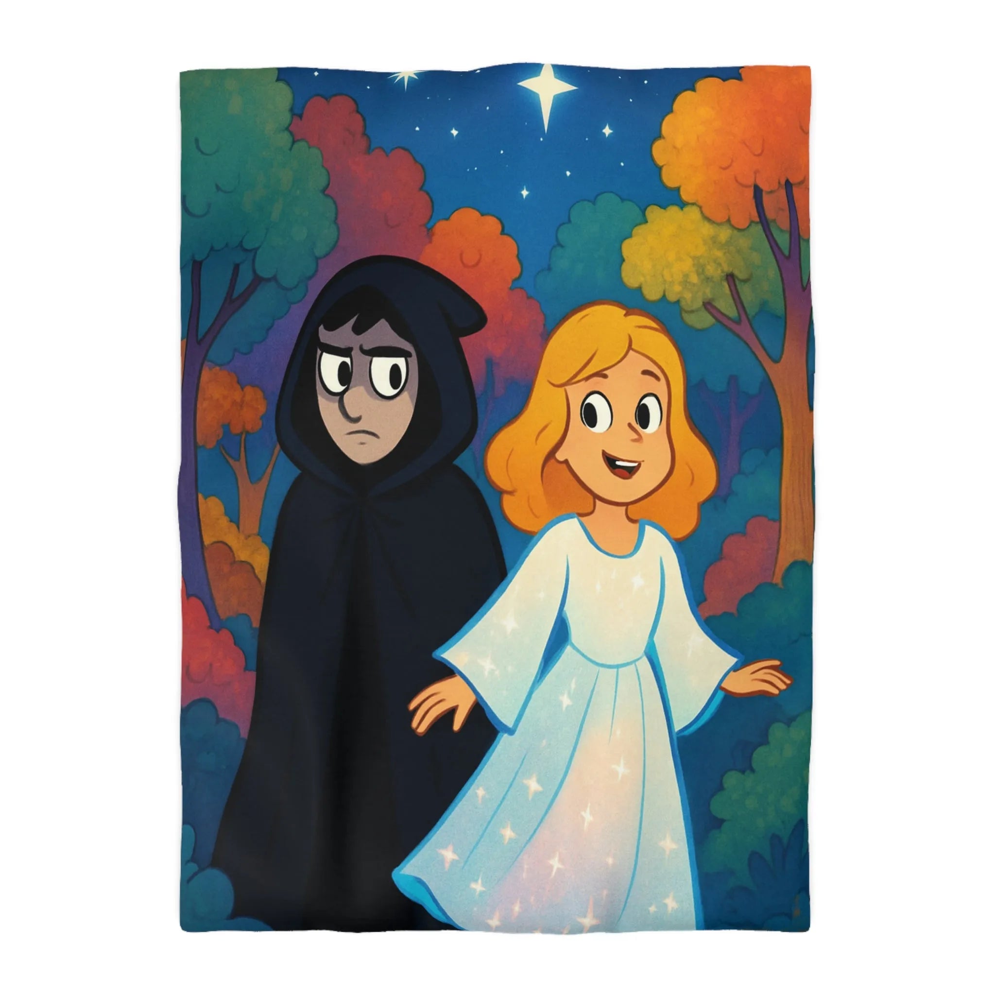 Housse de Couette Enchantée Forêt et Étoiles Enfantines avec Personnages Mystérieux