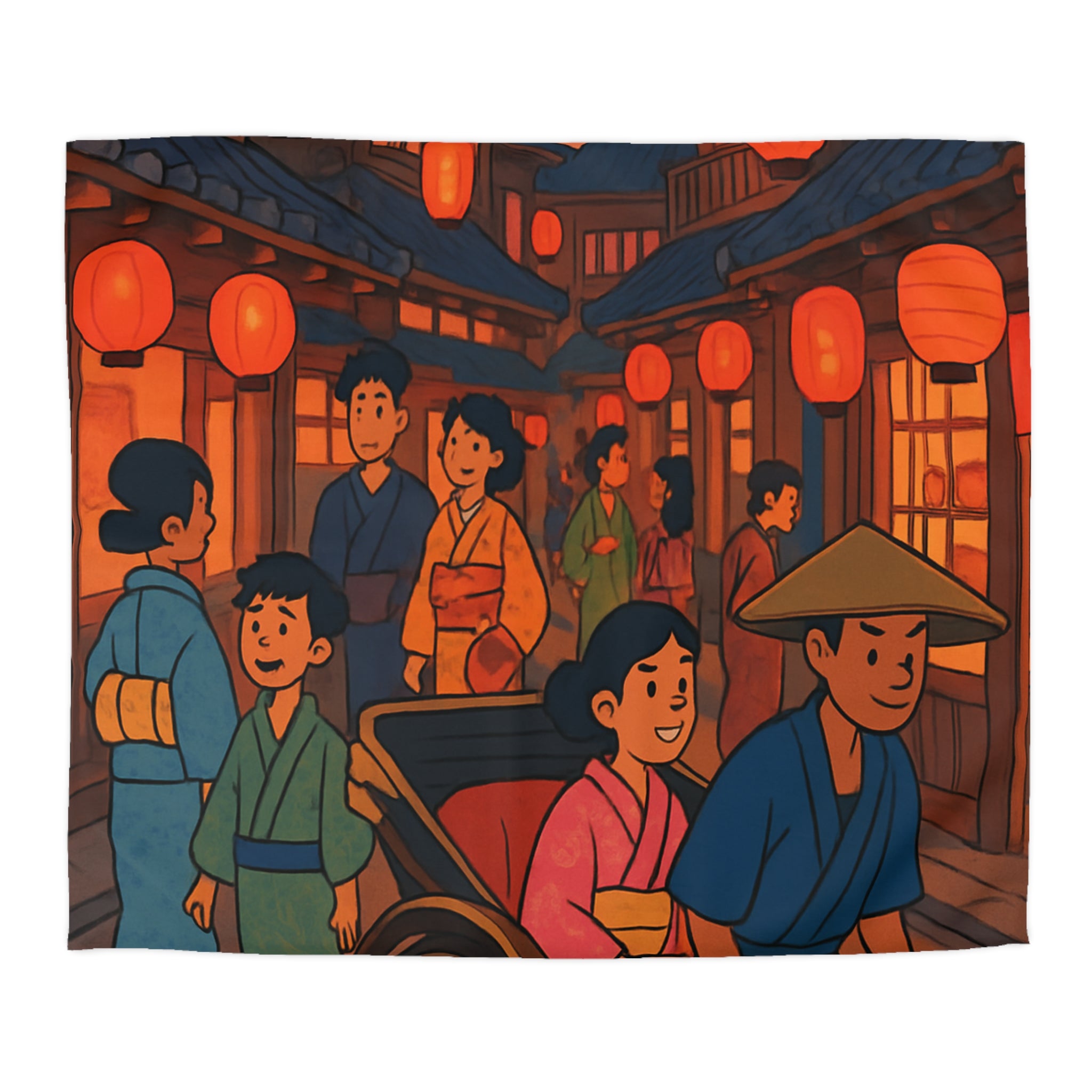 Housse de couette nocturne rouge et jaune avec lanterne et scène japonaise animée