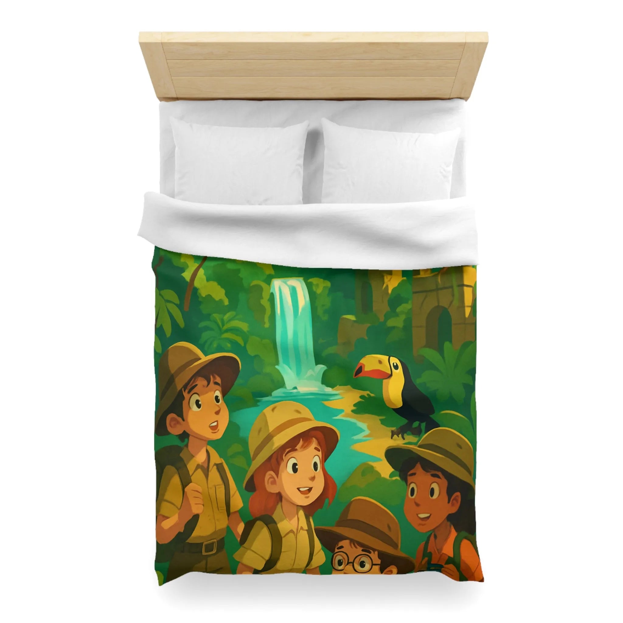 Housse de Couette Jungle Aventure Enfants avec Toucan, Monuments et Cascade Colorés