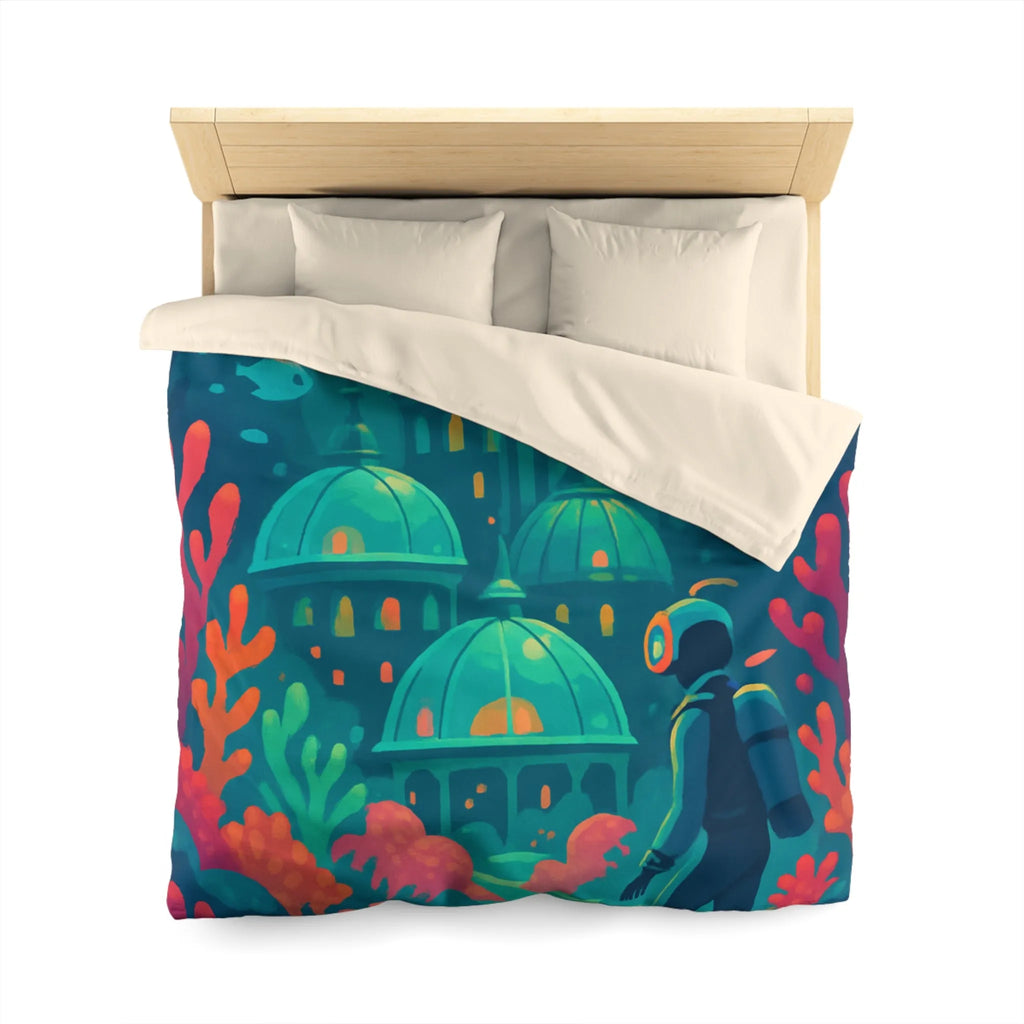 Housse de couette aux couleurs vibrantes inspirée d'une cité sous-marine avec poissons exotiques