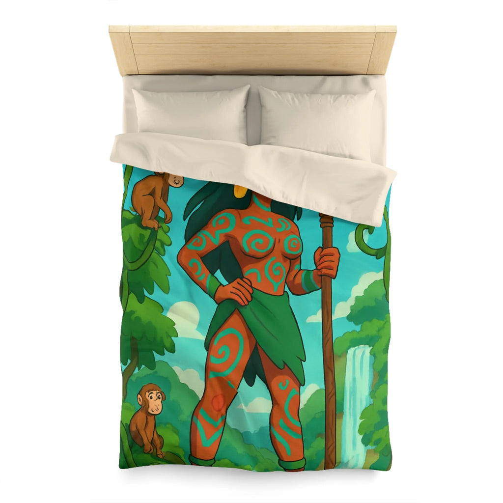 Housse de couette jungle exotique avec guerrière, perroquet et singes colorés vibrants