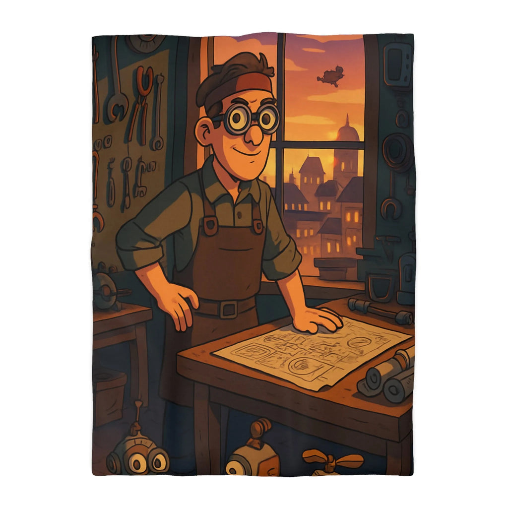 Housse de couette enfant avec illustration atelier rétro et robots amusants pour inventeur