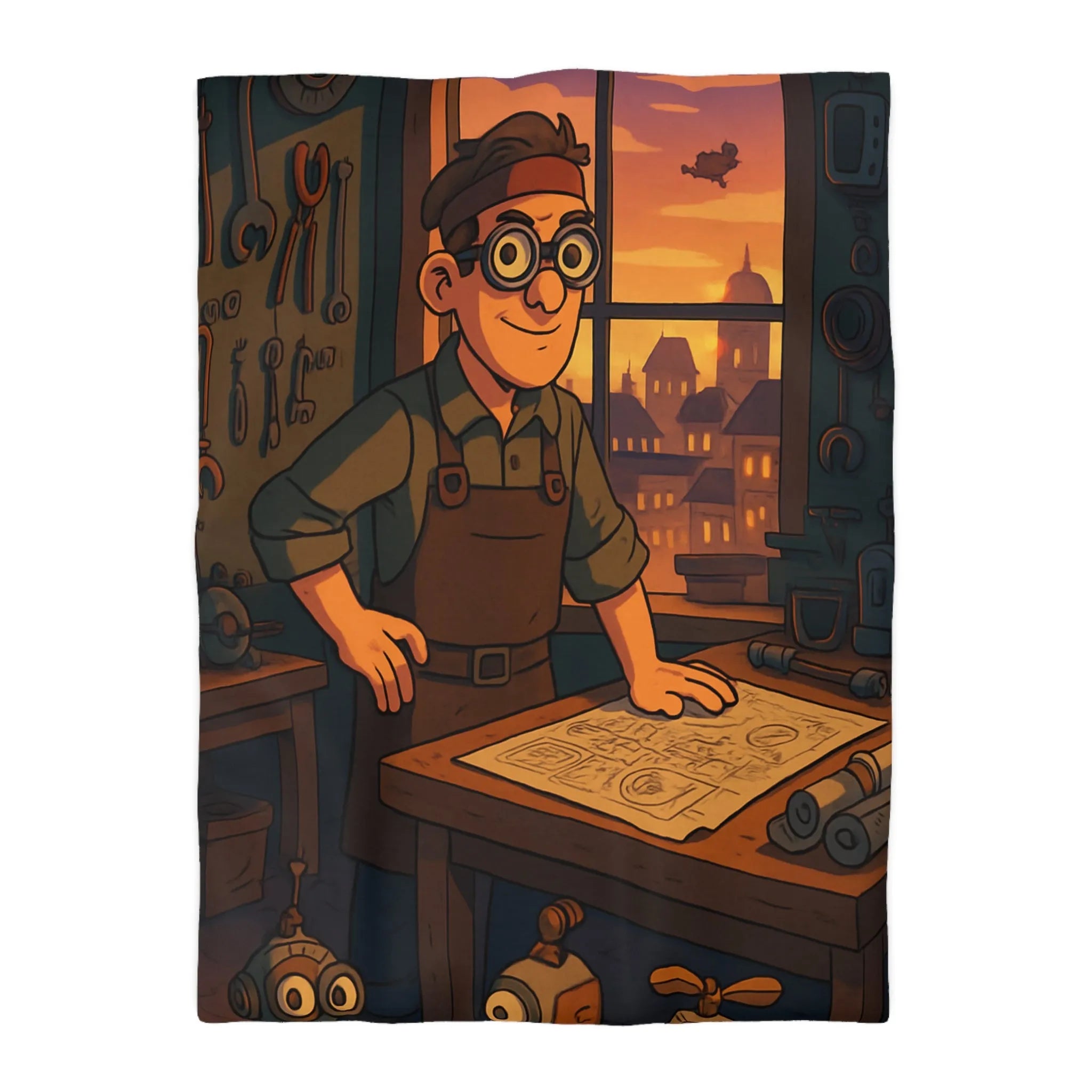 Housse de couette enfant avec illustration atelier rétro et robots amusants pour inventeur