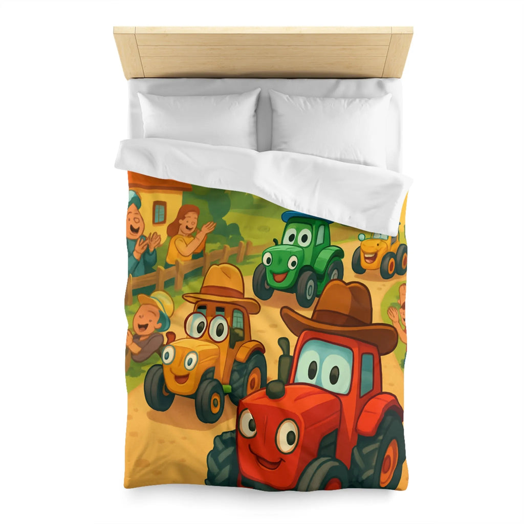 Housse de Couette Enfants Motif Tracteurs Souriants Champs Paysans Ensoleillés et Amusants