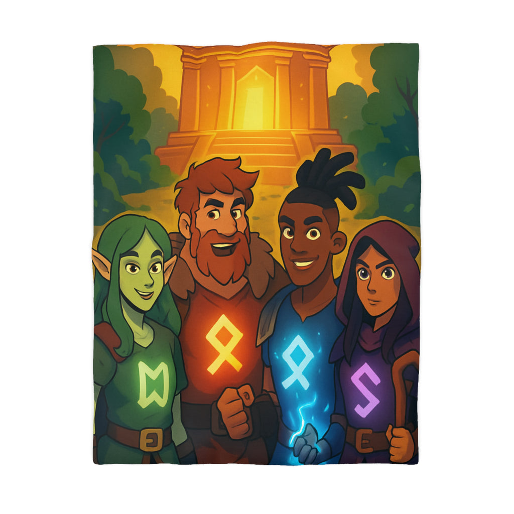 Housse de couette vibrant avec aventure illustrée de quatre héros devant un ancien temple