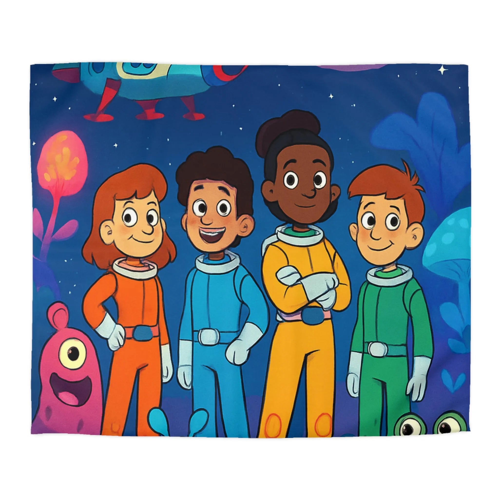 Housse de couette enfant astronaute avec planète, fusée et créatures extraterrestres colorées