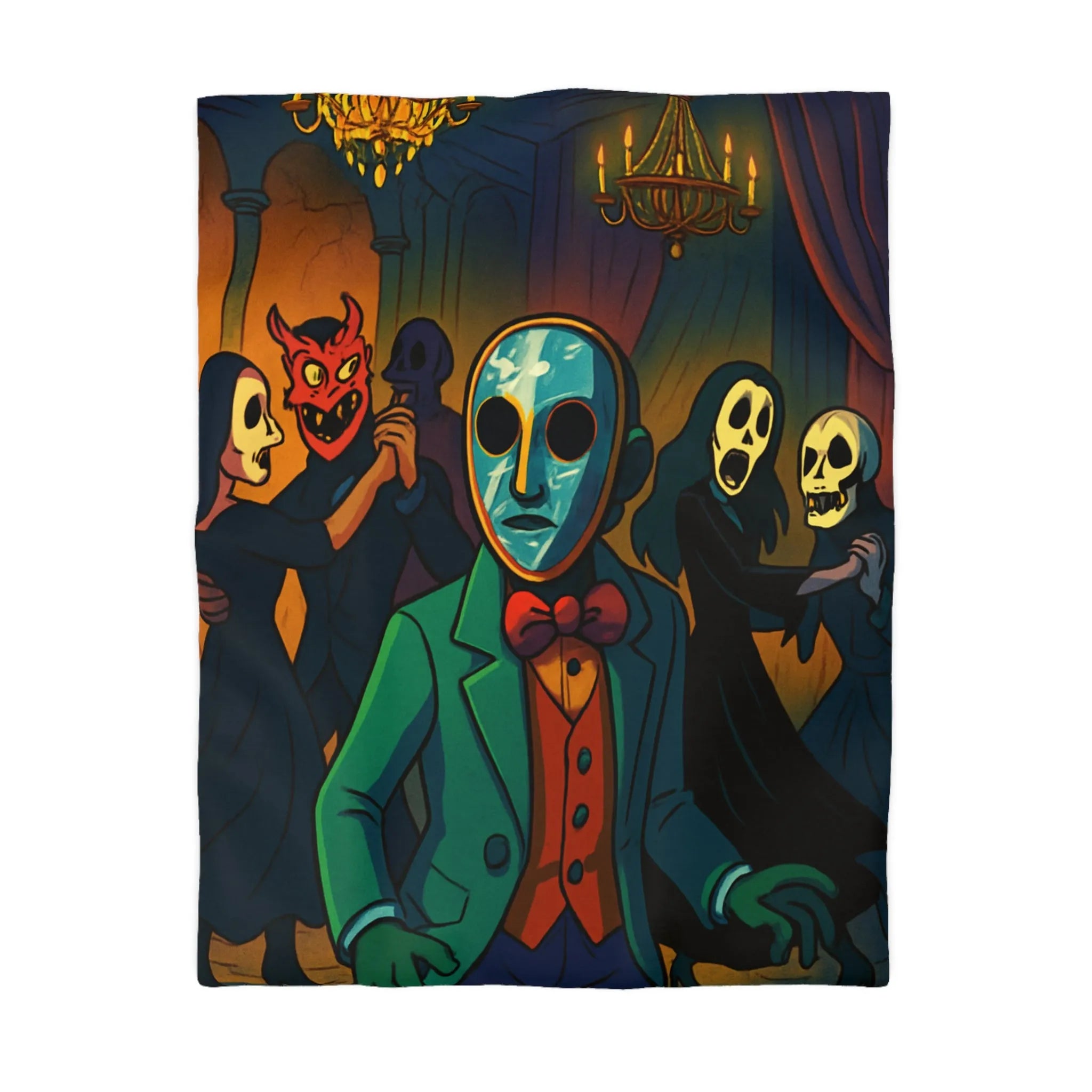 Housse de couette Halloween Bal masqué sombre, masques effrayants, ambiance mystérieuse unique