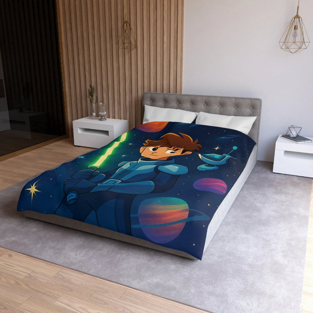 Housse de couette galactique avec enfant et robot, étoiles scintillantes et planètes colorées