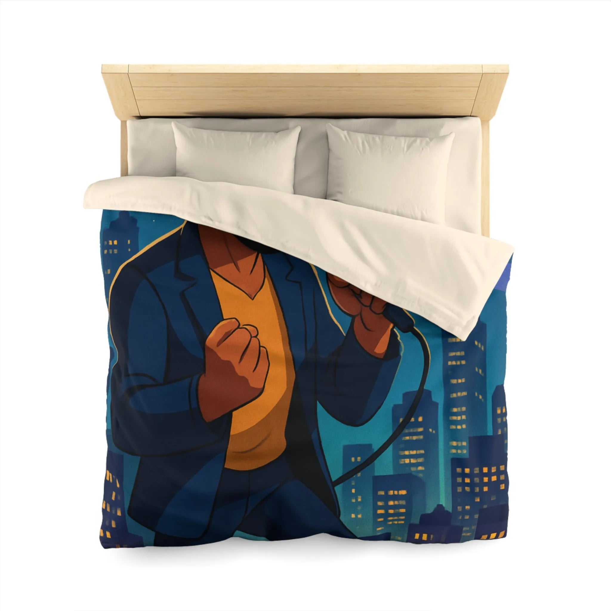 Housse de couette artistique : chanteur vibrant avec coucher de soleil et gratte-ciels