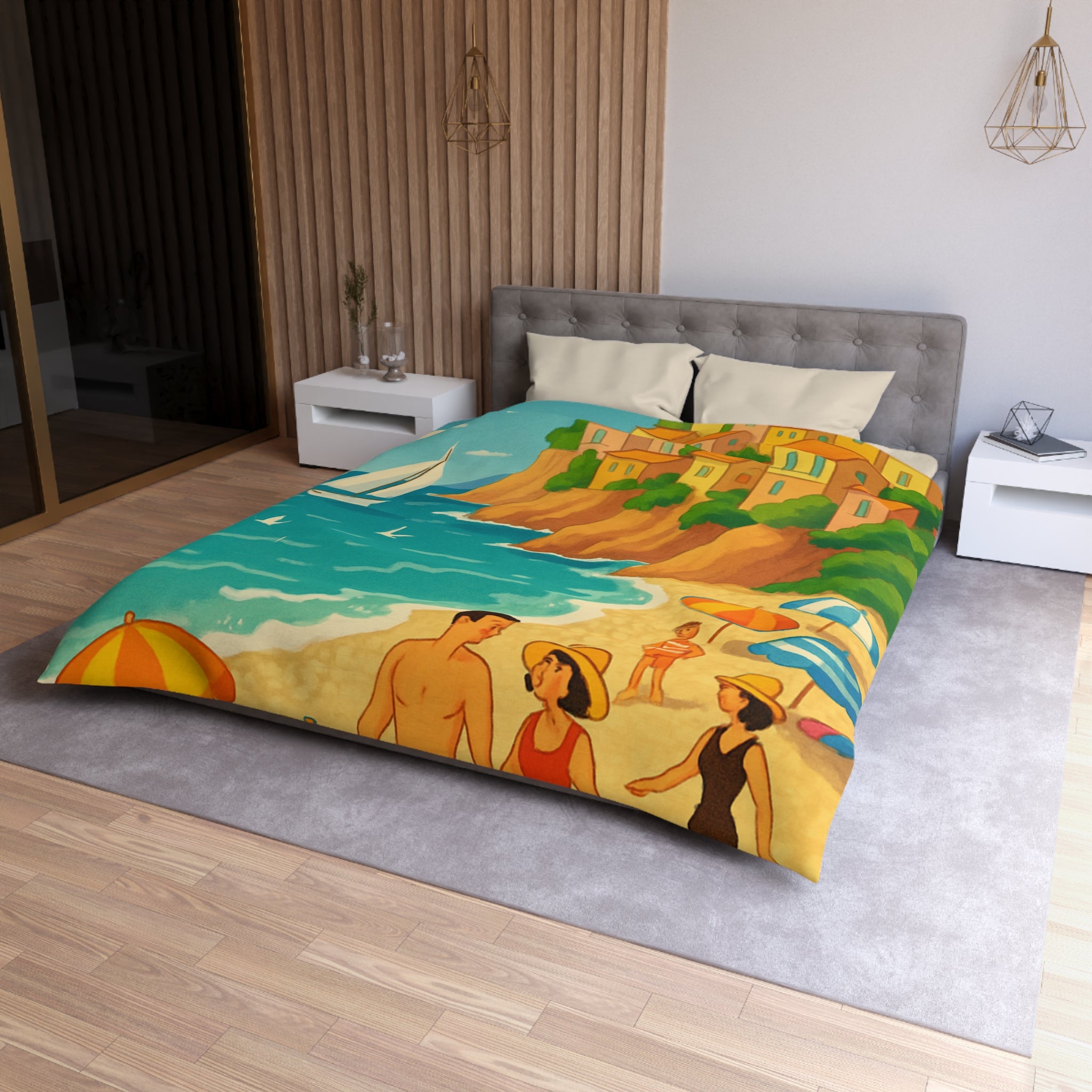 Housse de couette plage méditerranéenne avec paysages colorés et vacanciers ensoleillés