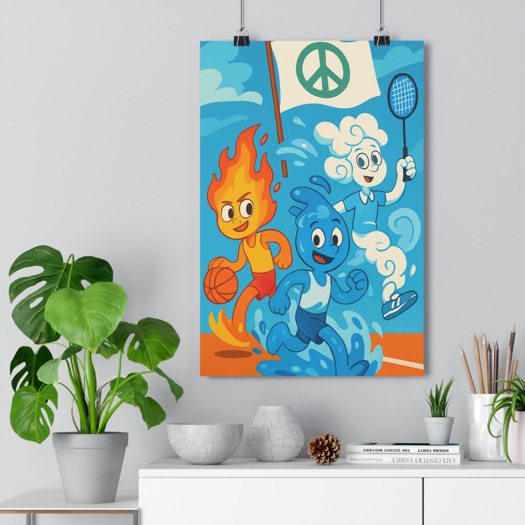 Poster décoratif fantastique bleu rouge jaune moderne joyeux dynamique enfant chambre art sport tendance