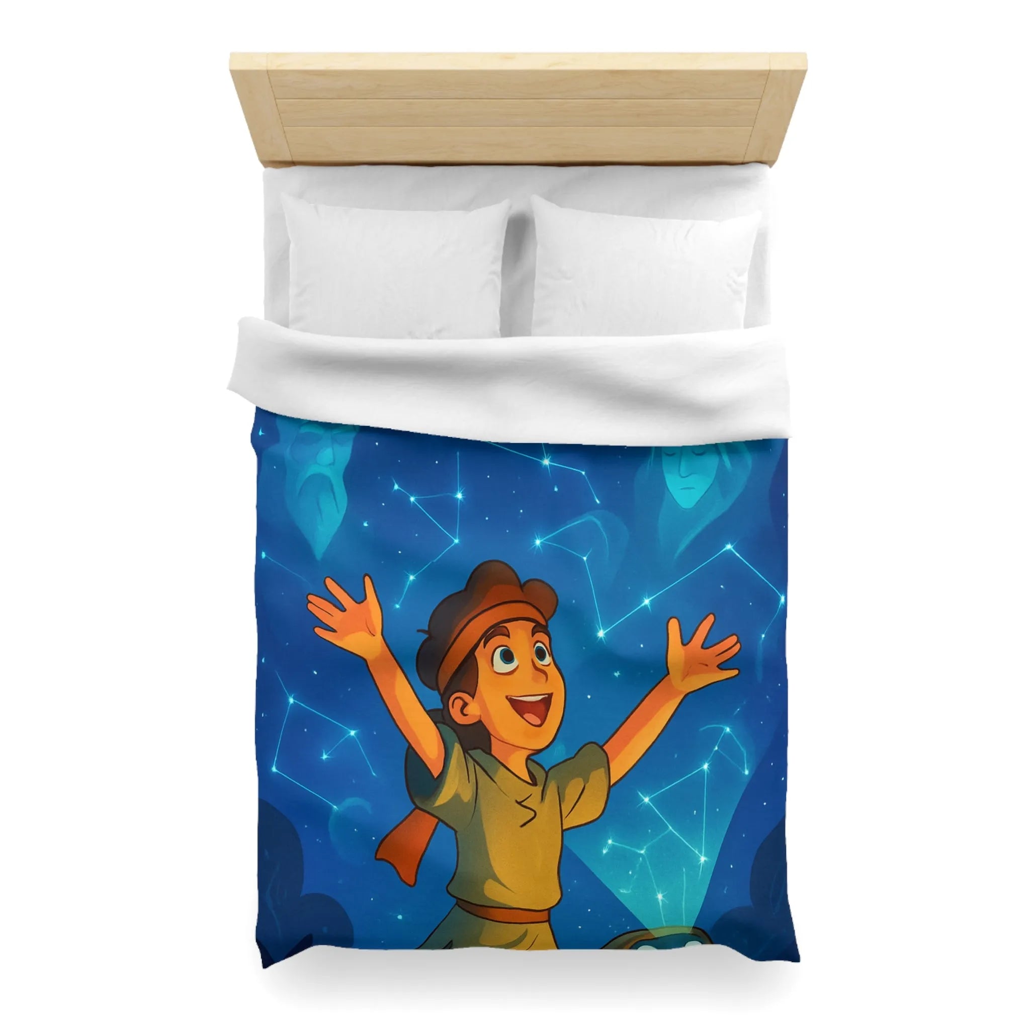 Housse de couette illustrée nocturne avec enfant, robot et constellations célestes inspirantes