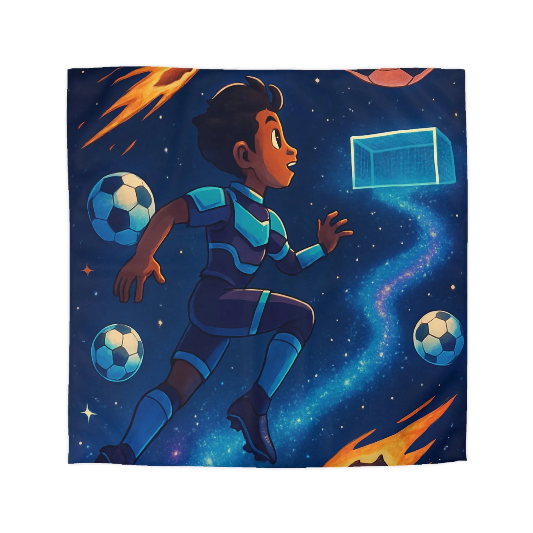 Housse de couette espace football pour enfants, avec joueurs et ballons colorés