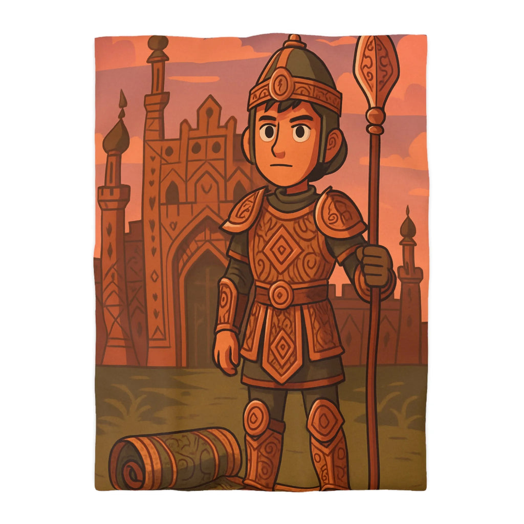 Aventurier médiéval en armure détaillée avec château oriental devant lever de soleil orangé