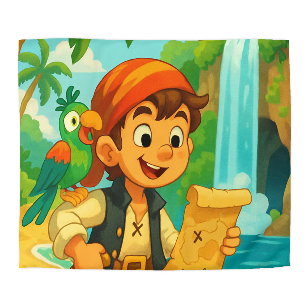Housse de Couette Pirate Enfantine avec Perroquet, Carte au Trésor, Cascade et Plage