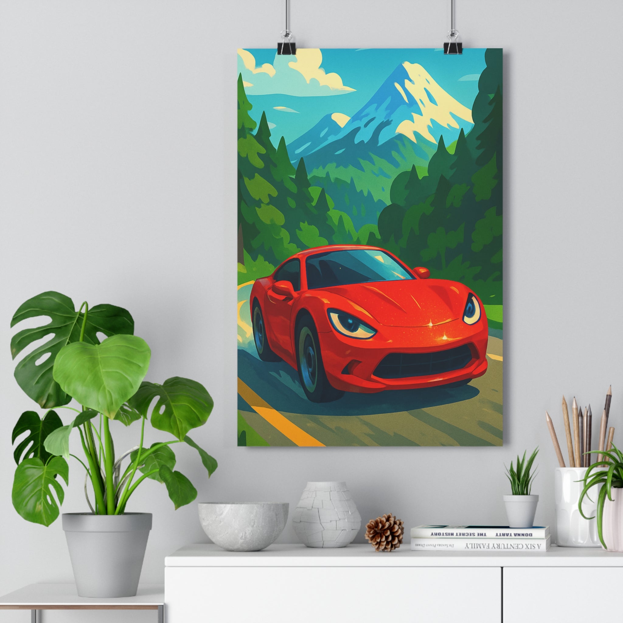 Poster décoratif dynamique voiture sport rouge cartoon montagne ciel bureau chambre garage 30x46 qualité