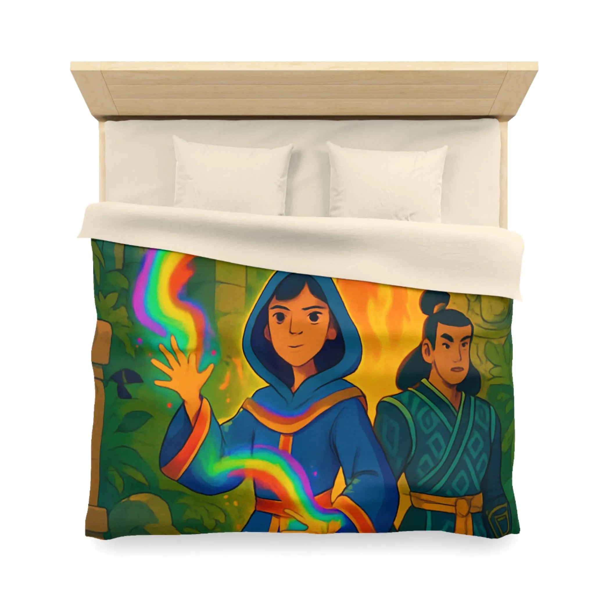 Housse de couette magique colorée : aventure mystique avec personnages énigmatiques et feu flamboyant
