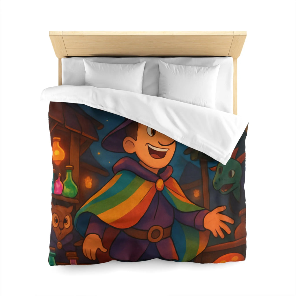 Housse de couette magique avec envoûtant motif de sorcier, dragon et livres enchantés