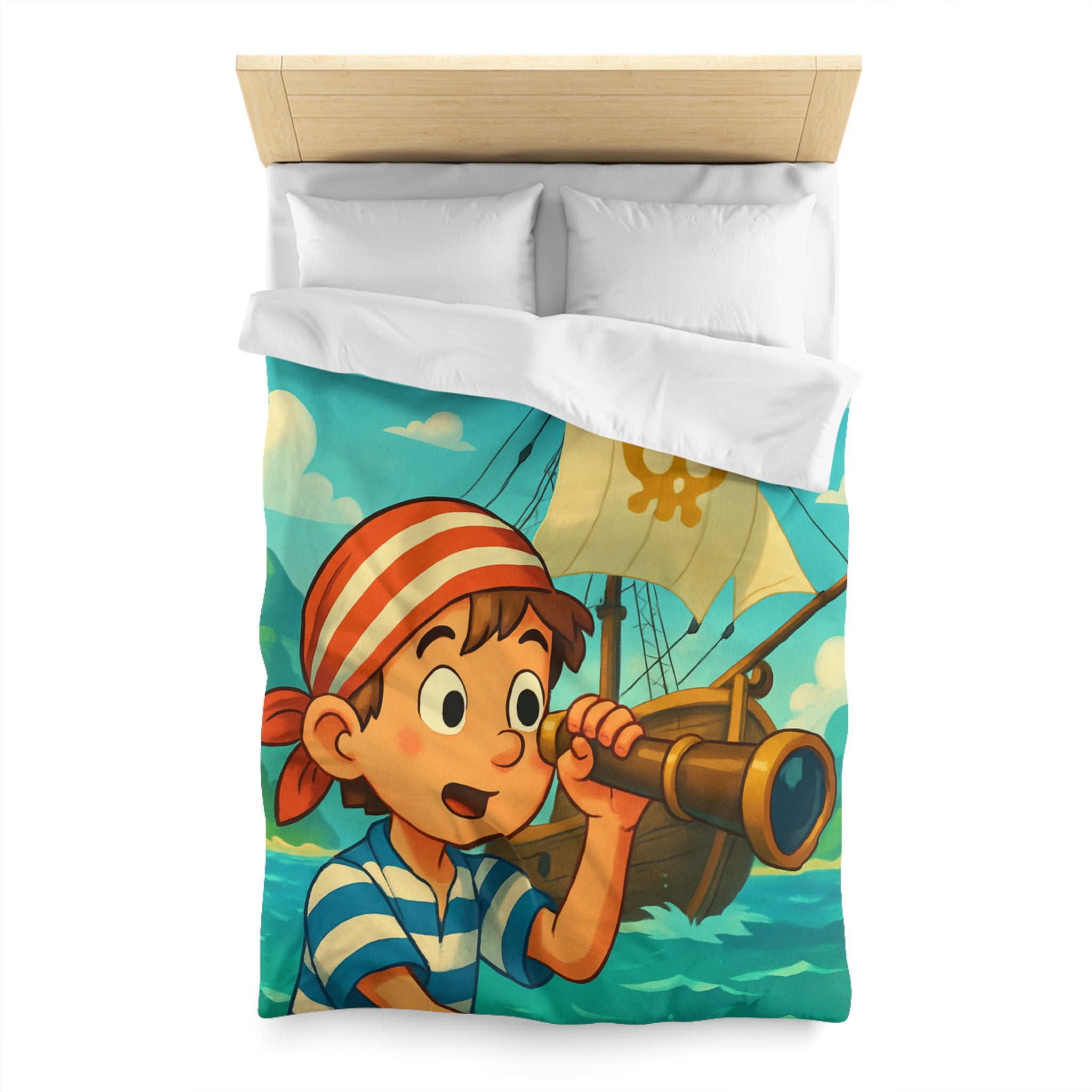 Housse de Couette Pirate Enfantine avec Bateau et Jumelles pour Chambre Aventure