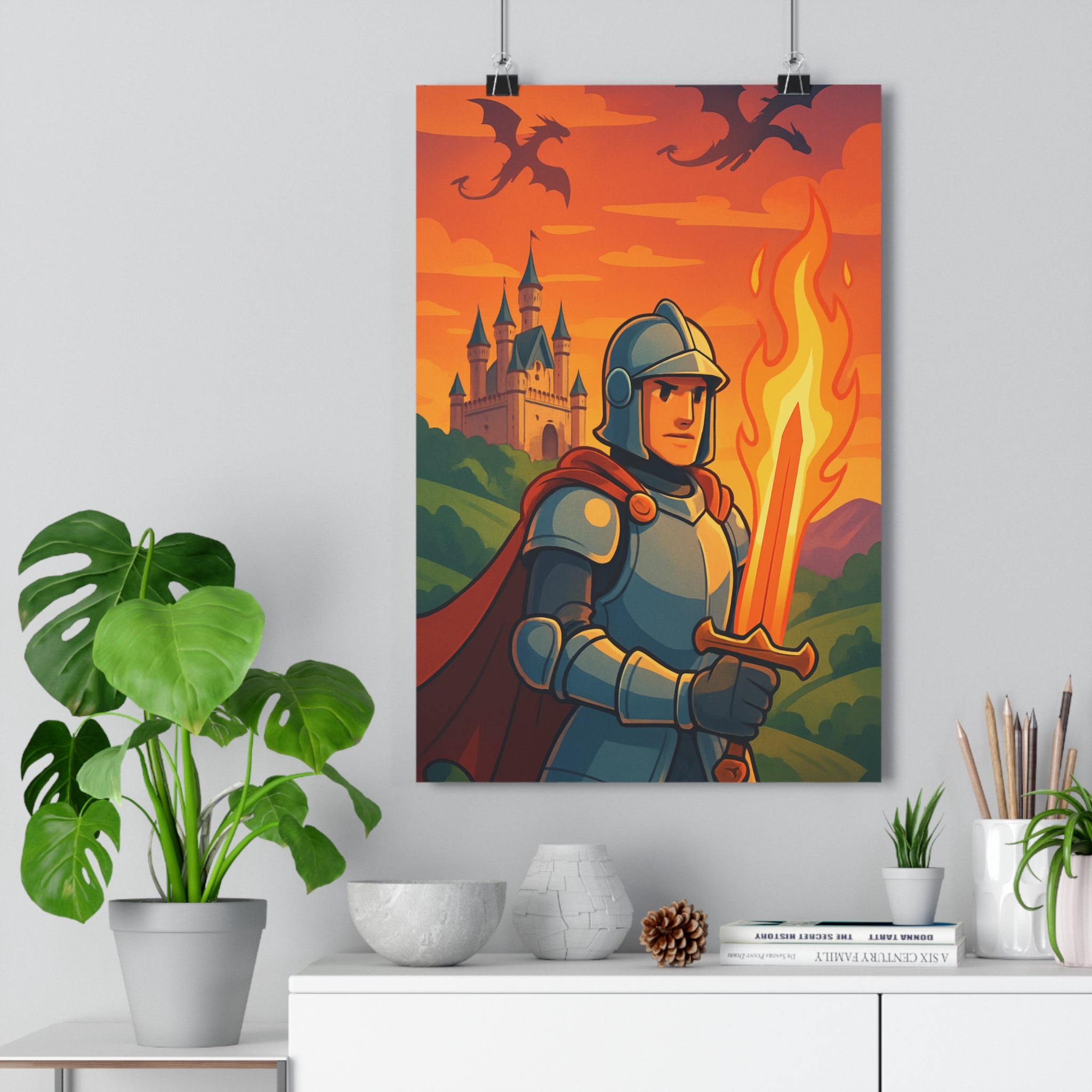 Poster décoratif fantastique coloré chevalier épée dragons château cartoon aventure chambre enfant salon mural