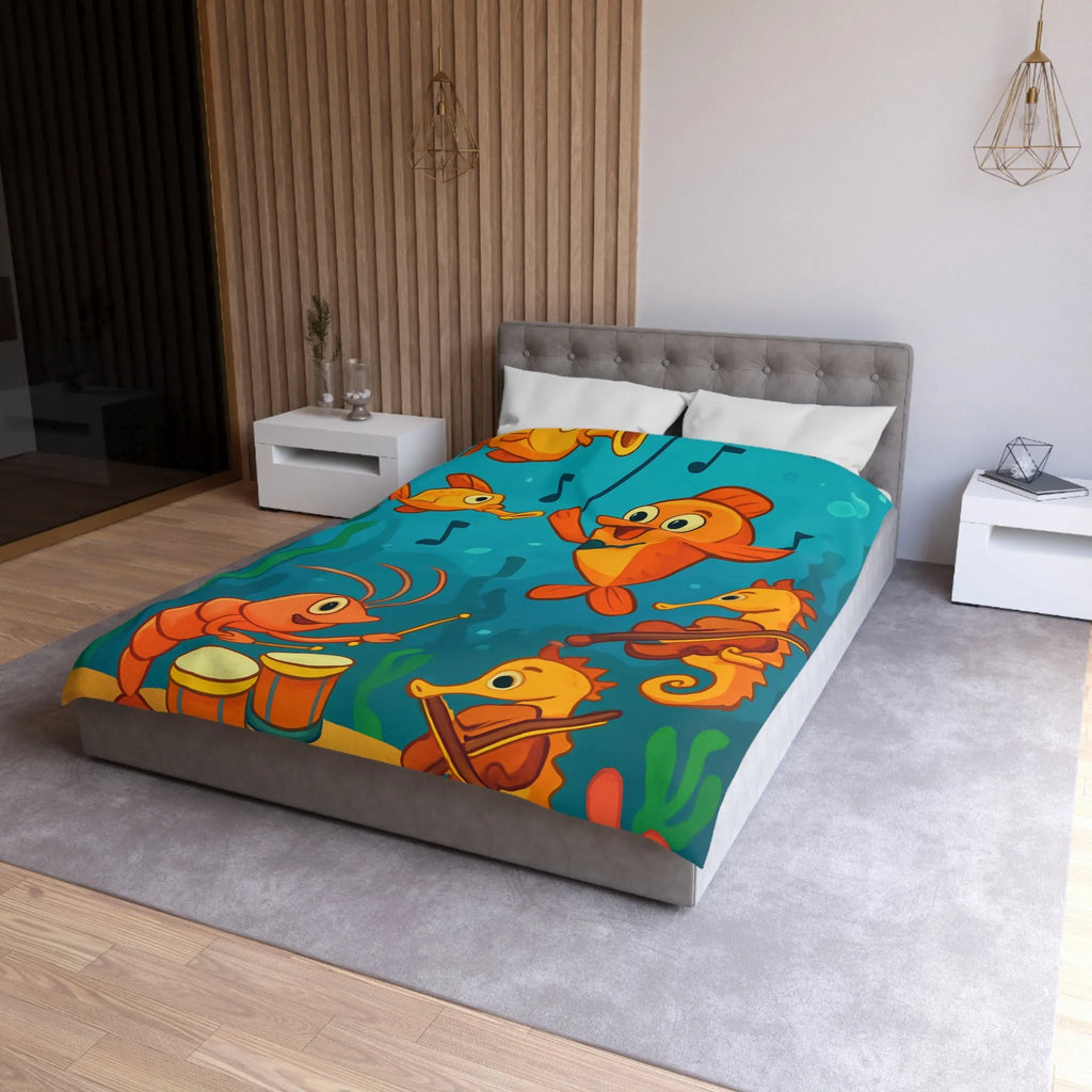 Housse de couette ludique pour enfants avec orchestre sous-marin de poissons et hippocampes