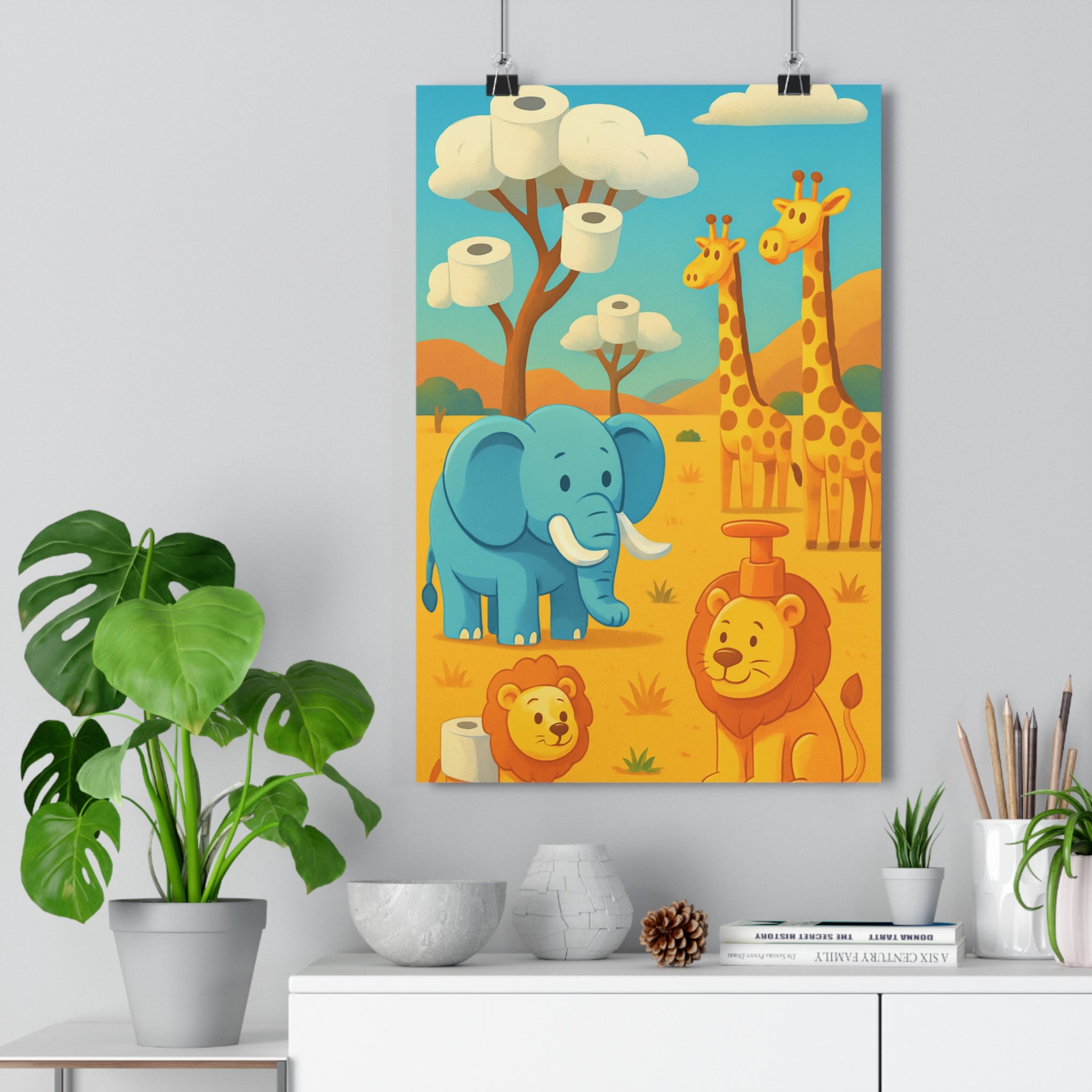 Poster décoratif humoristique éléphant bleu jaune savane joyeux exotique toilettes fantaisie cartoon 30x46cm vibrant
