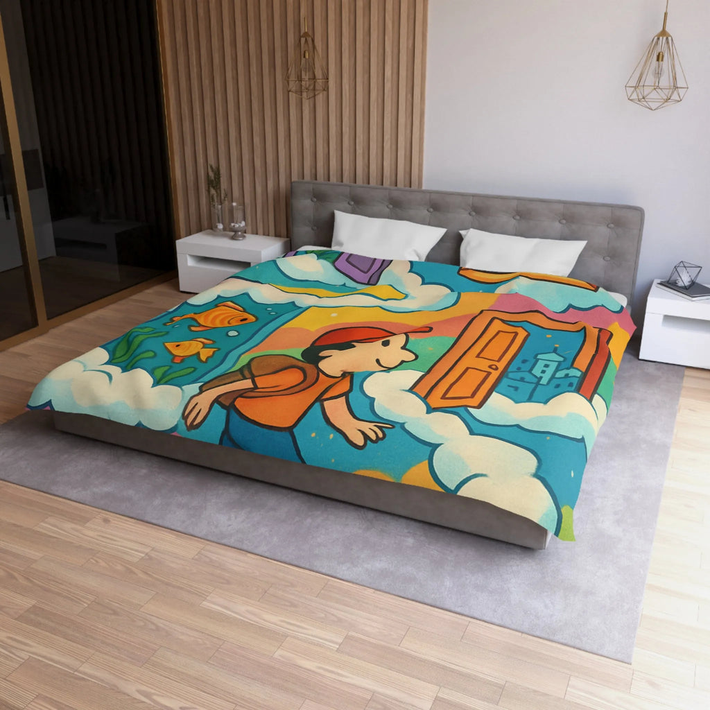 Housse de couette colorée avec portes magiques, nuages et aventure pour enfants rêveurs