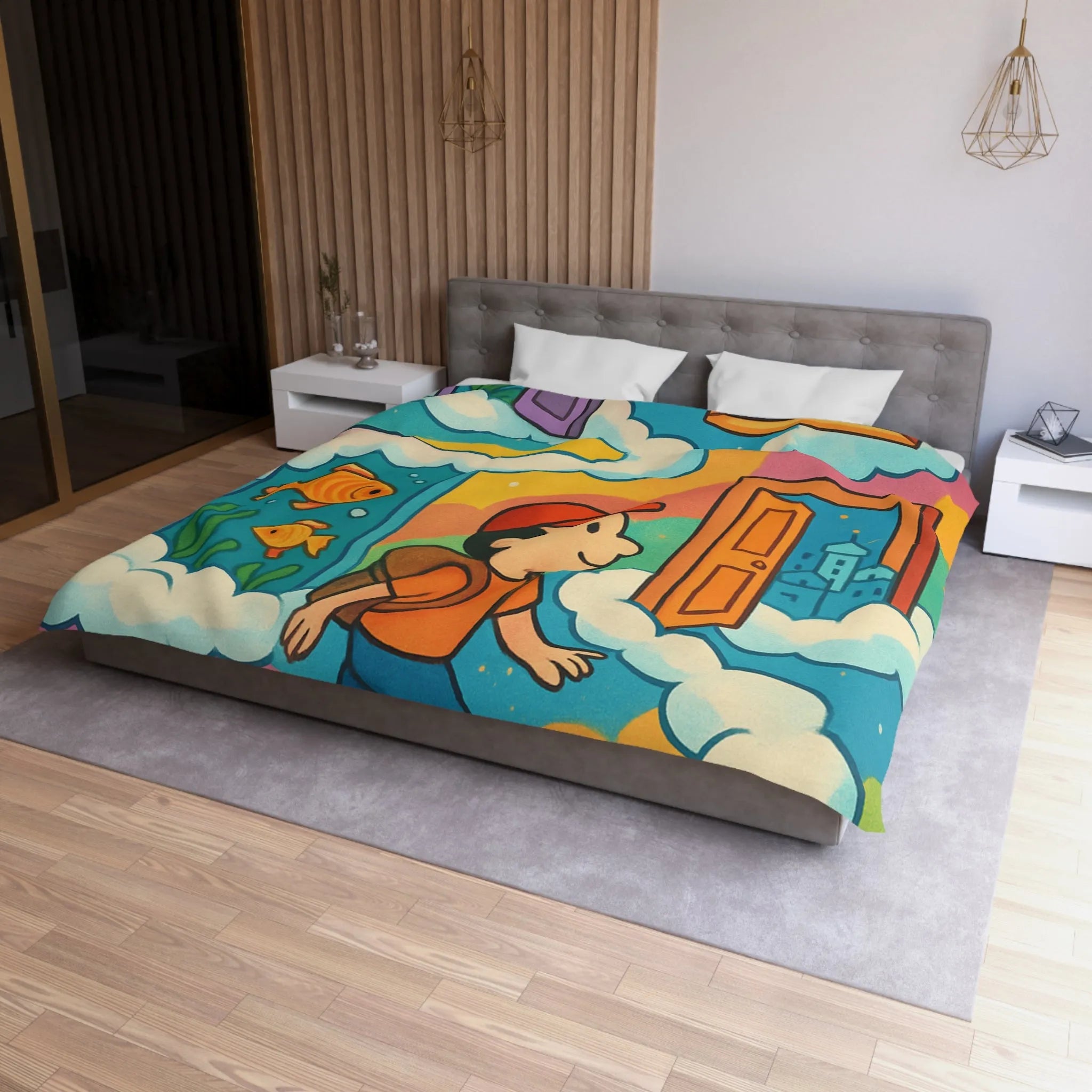 Housse de couette colorée avec portes magiques, nuages et aventure pour enfants rêveurs