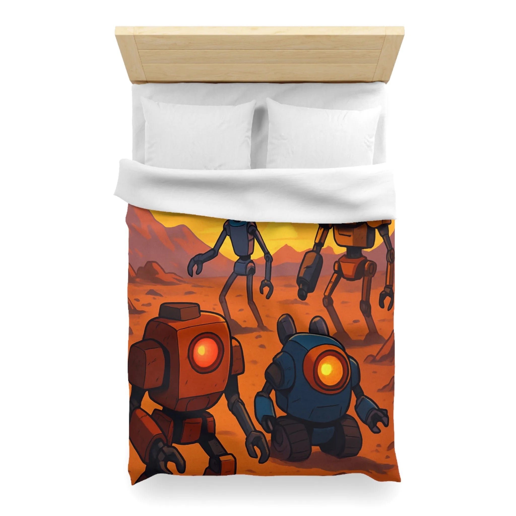 Housse de couette avec robots colorés dans un paysage désertique au coucher du soleil