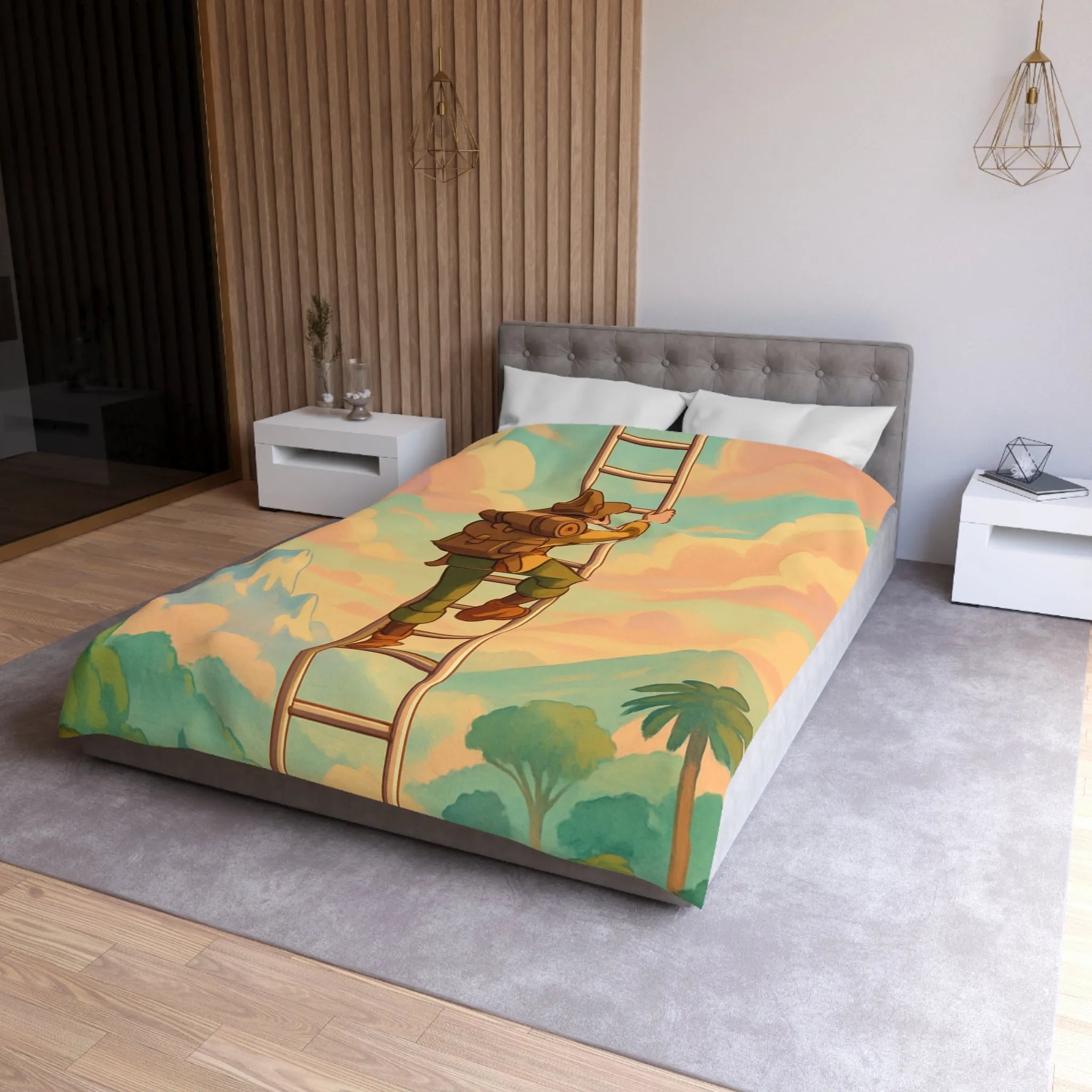 Housse de couette avec aventurier grimpant échelle vers ciel pastel et montagnes lointaines