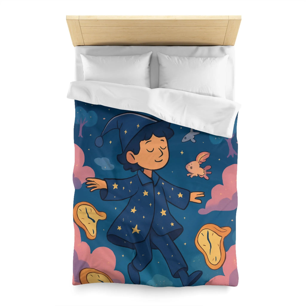 Housse de couette magique avec sorcier enfant rêvant de créatures volantes lunaires