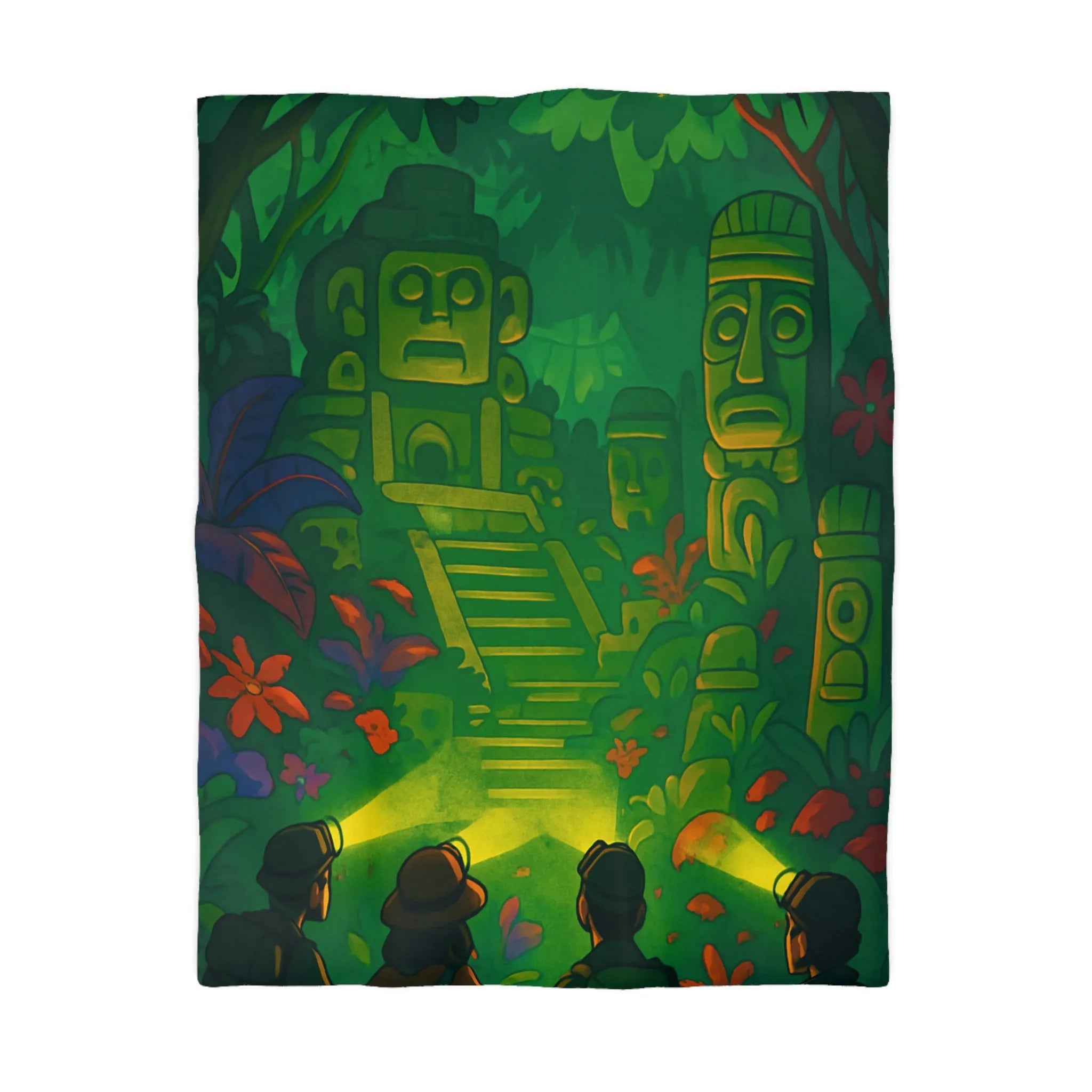 Housse de couette forêt tropicale avec statues anciennes, parfait pour les explorateurs nocturnes