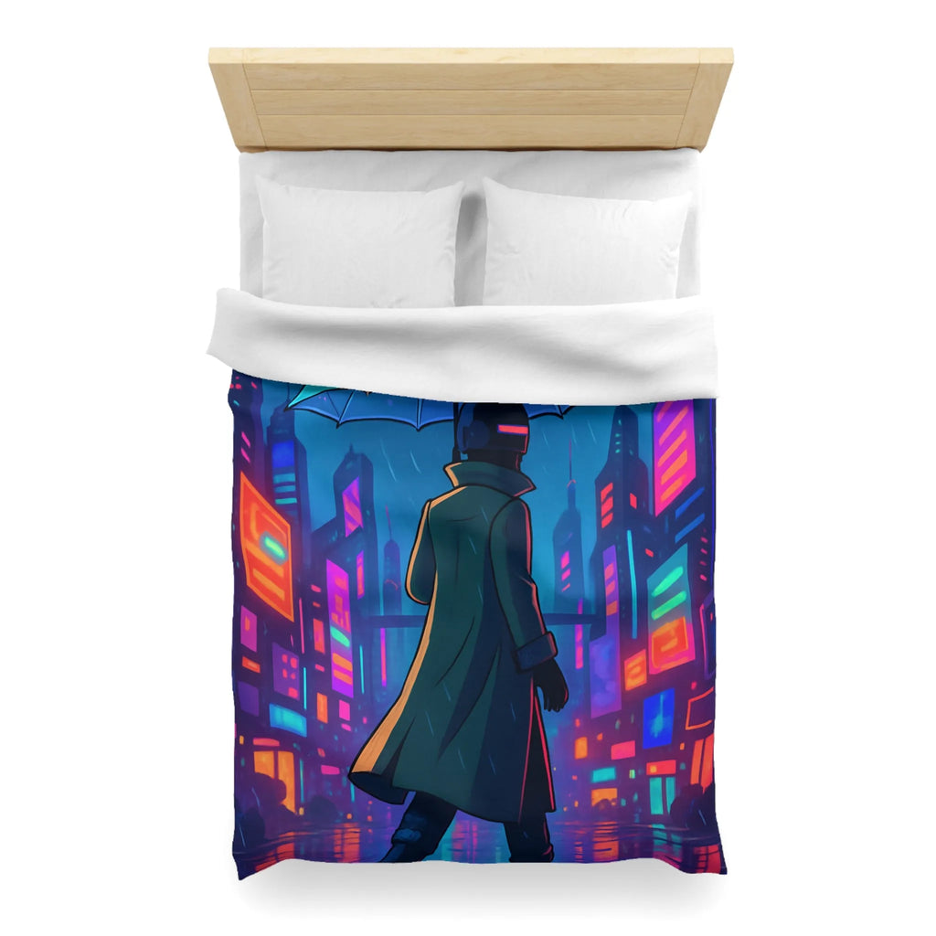 Housse de Couette Design Futuriste Ville Néon avec Parapluie et Pluie Nocturne