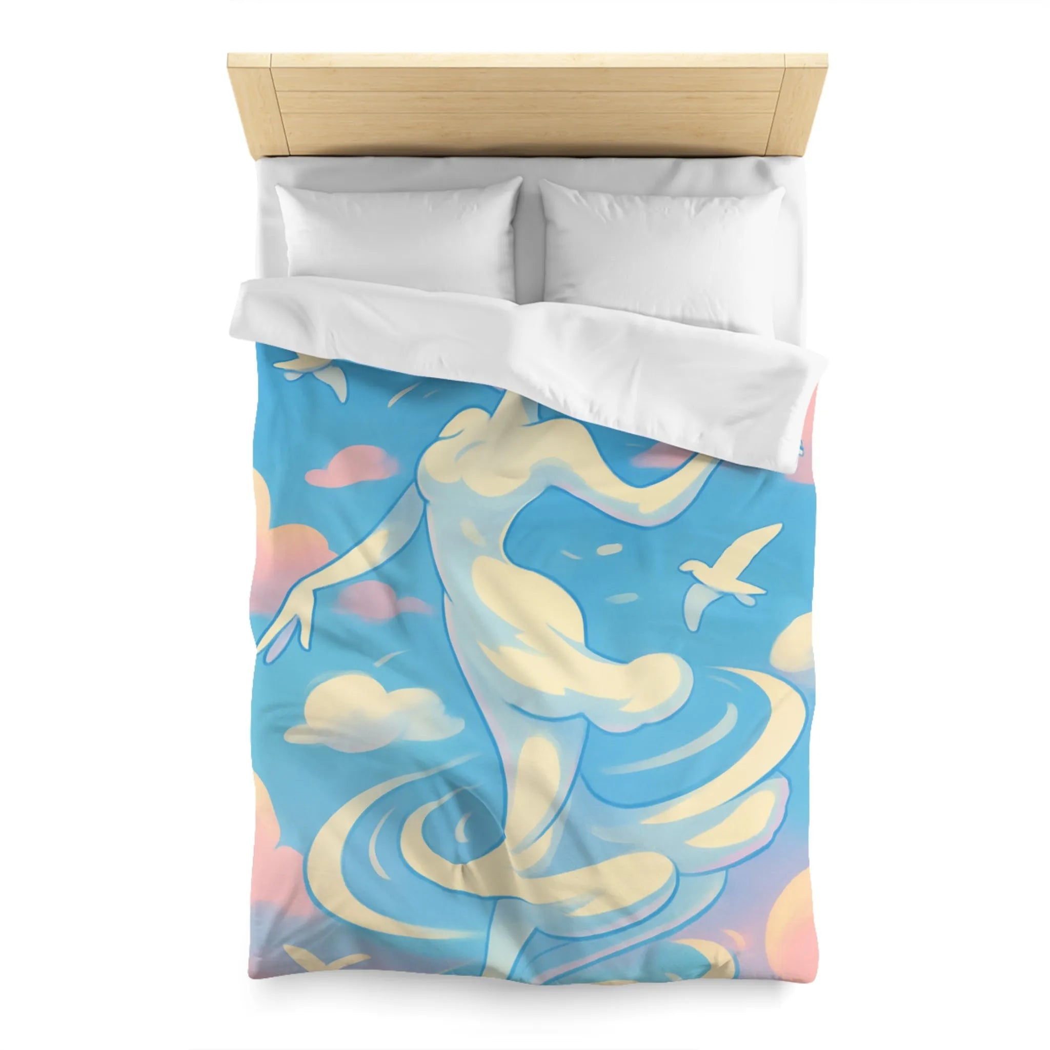 Ciel Enchanté: Housse de Couette Artistique avec Nuages et Oiseaux en Harmonie Paisible