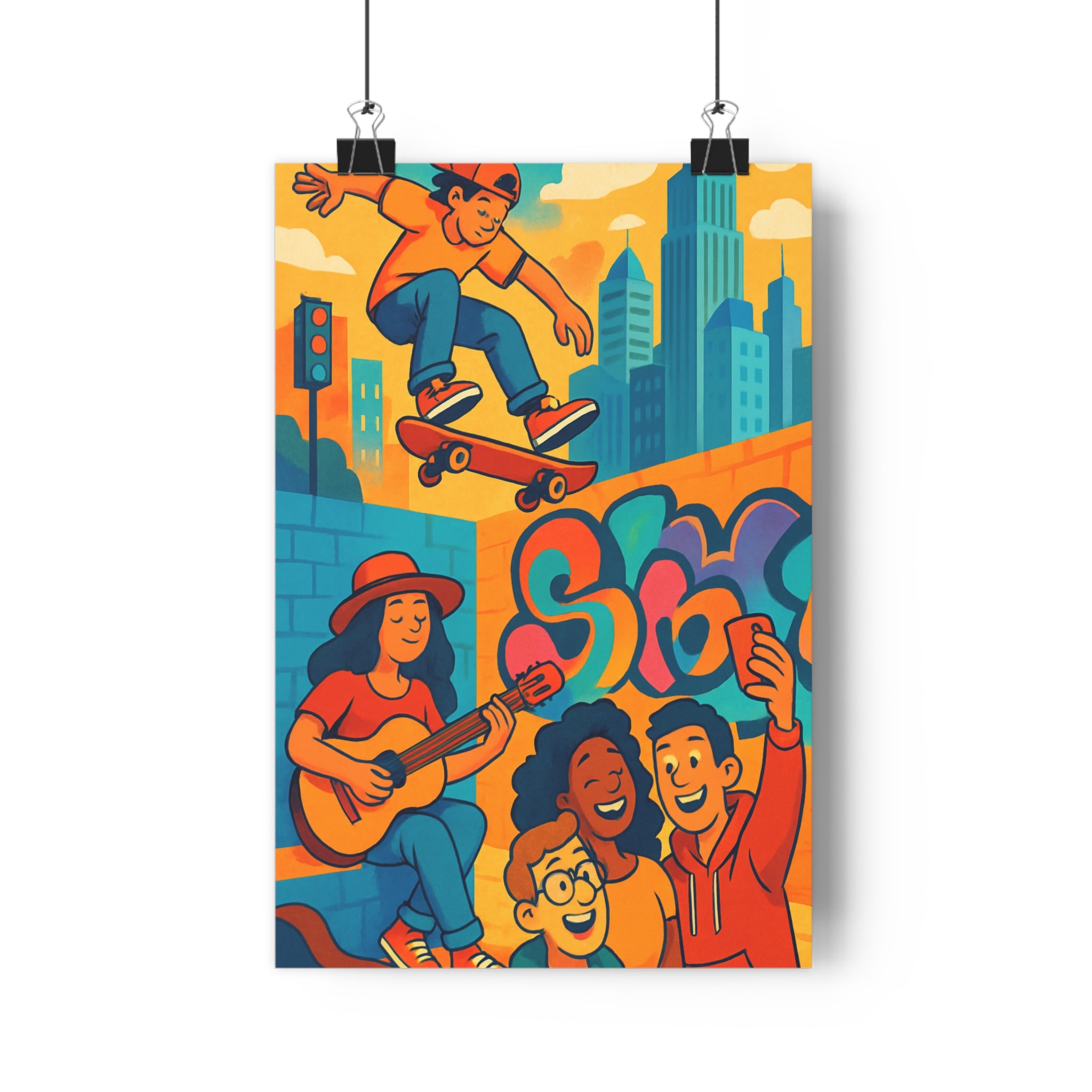 Poster décoratif aventure urbaine skateur anime moderne orange bleu dynamique salon chambre 30x46 cm