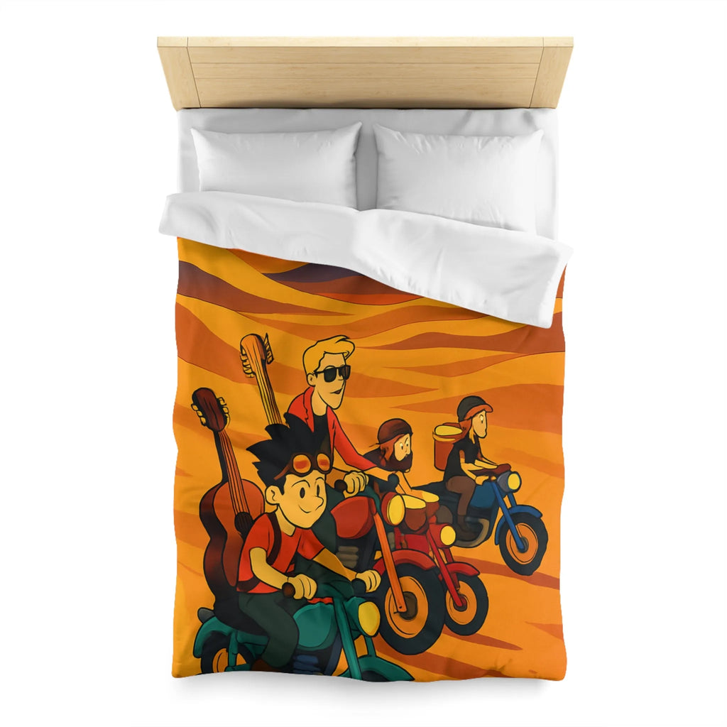 Housse de couette avec aventuriers à moto dans désert vibrant pour chambre unique