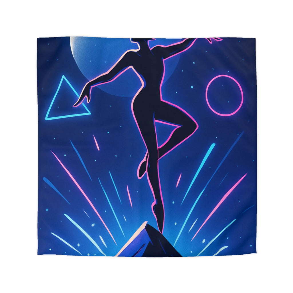 Housse de Couette Étoilée avec Silhouette Danseuse et Formes Géométriques Néon dans le Ciel