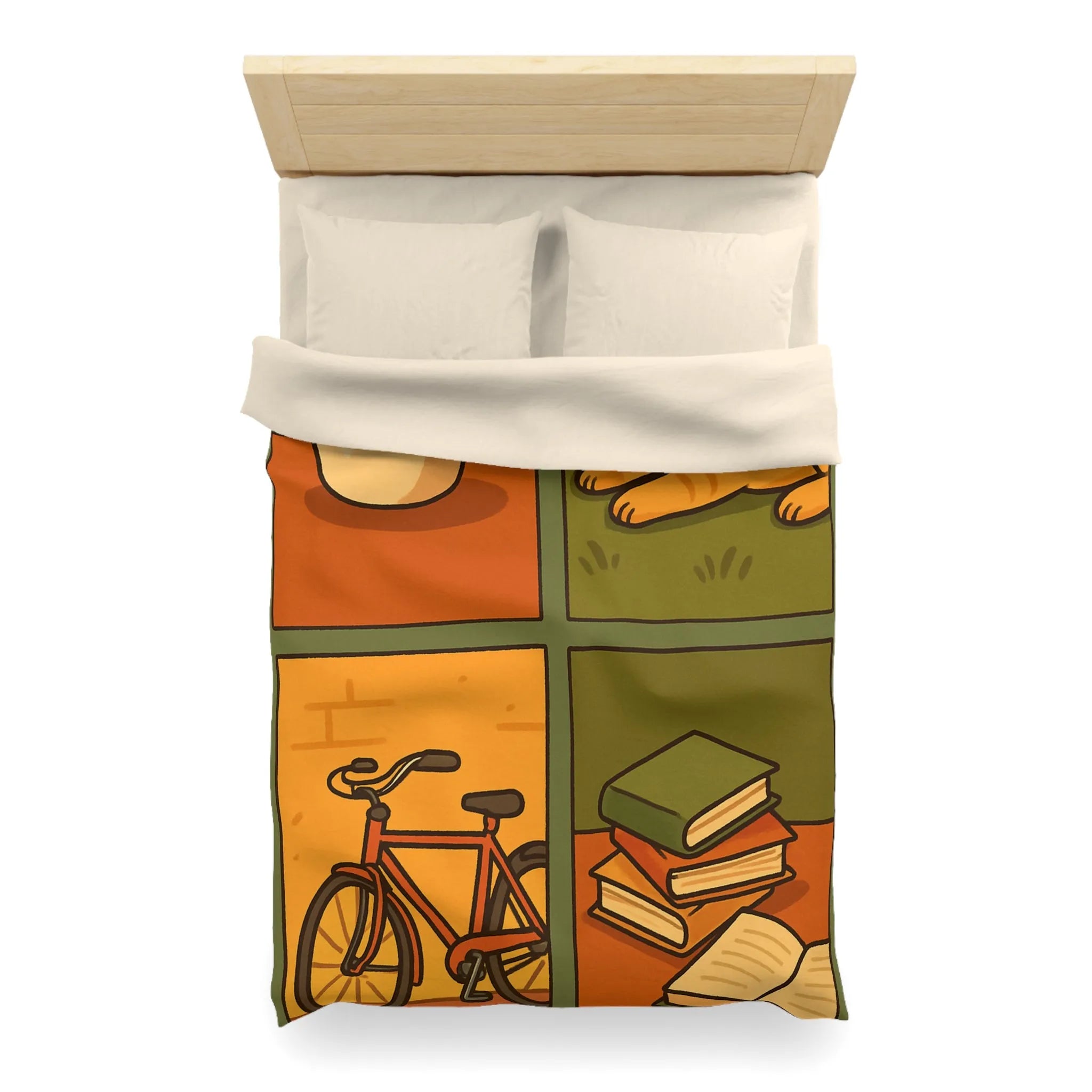 Housse de Couette Décontractée avec Chat Orange, Café, Vélo et Livres Colorés