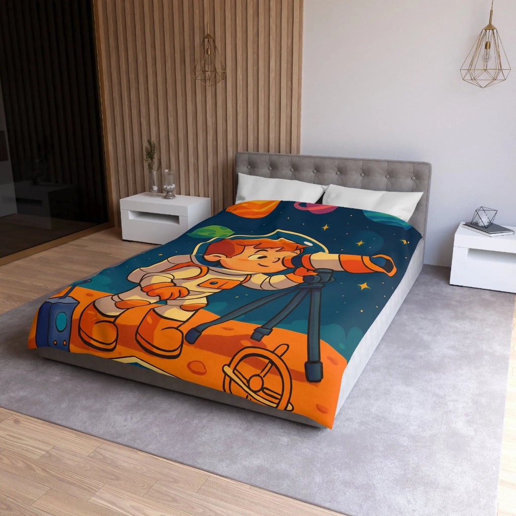 Housse couette enfant astronaute explorant planètes avec télescope carte étoilée