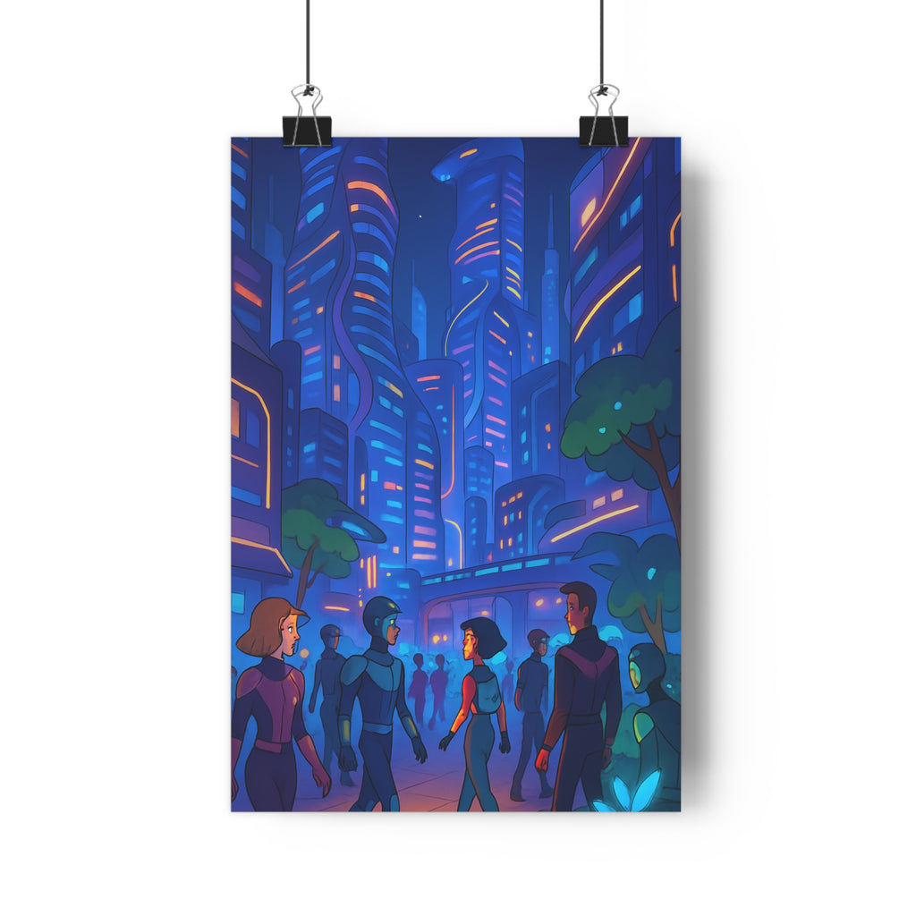 Poster décoratif futuriste néons animé cartoon dynamique ville moderne salon bureau 30x46 original vibrant