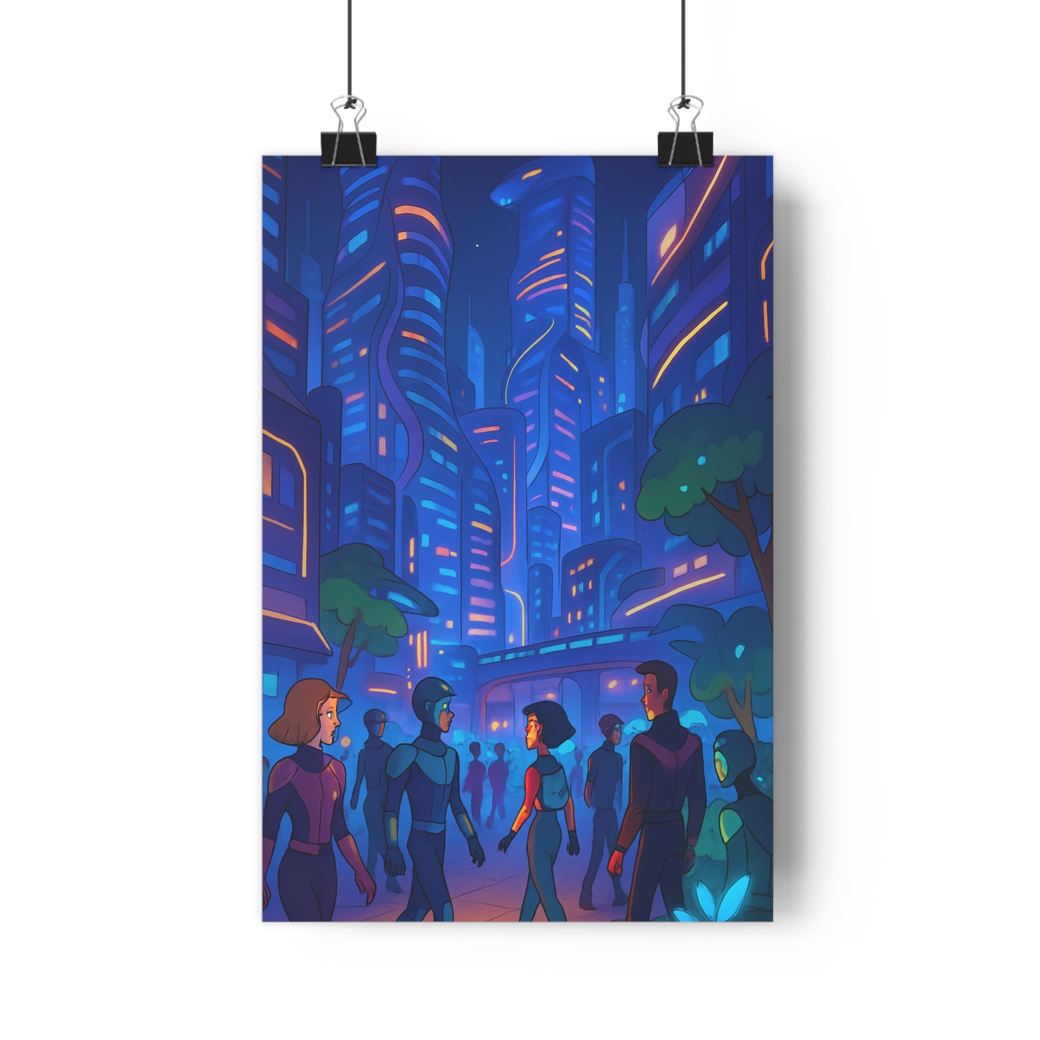 Poster décoratif futuriste néons animé cartoon dynamique ville moderne salon bureau 30x46 original vibrant
