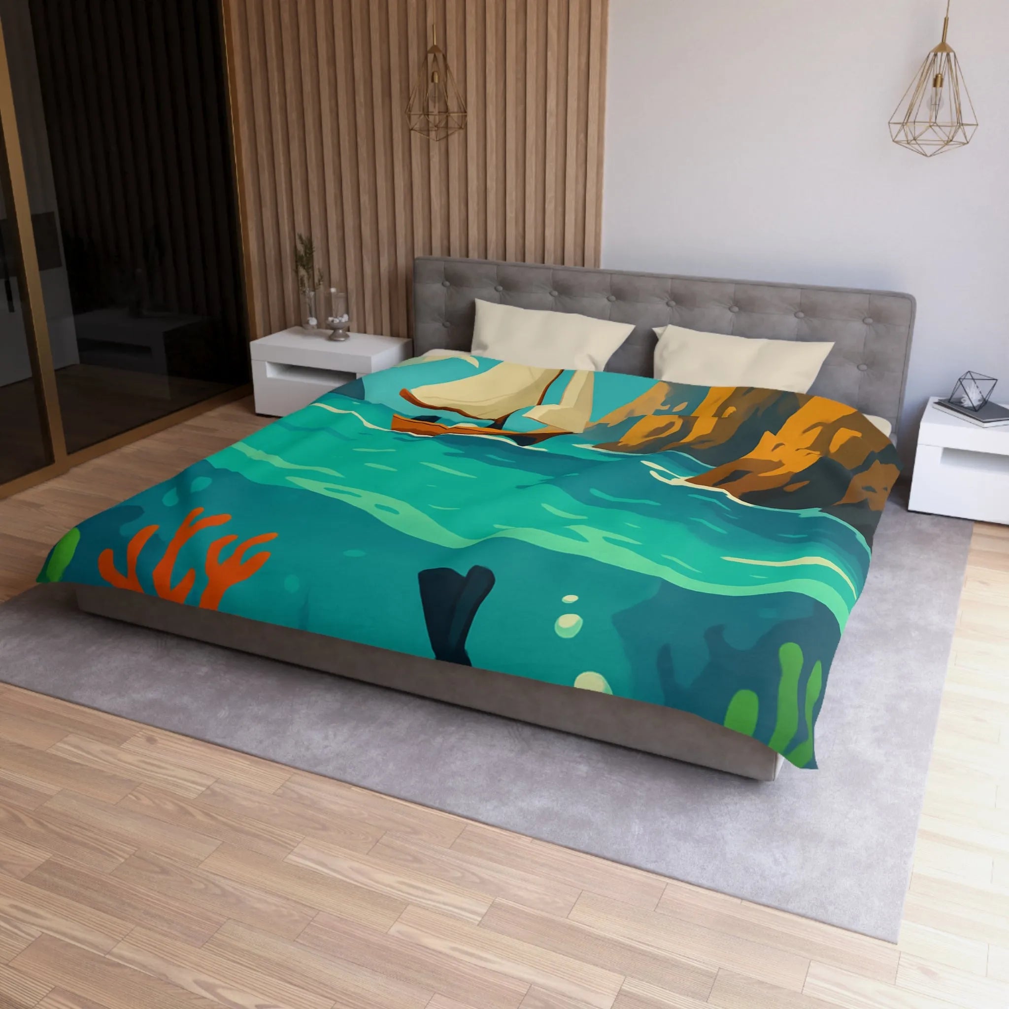 Housse de couette maritime avec plongée, voilier, falaises et récifs colorés