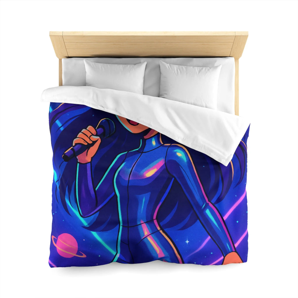 "Housse de couette galaxie: chanteuse en combinaison bleue avec planètes et étoiles brillantes"