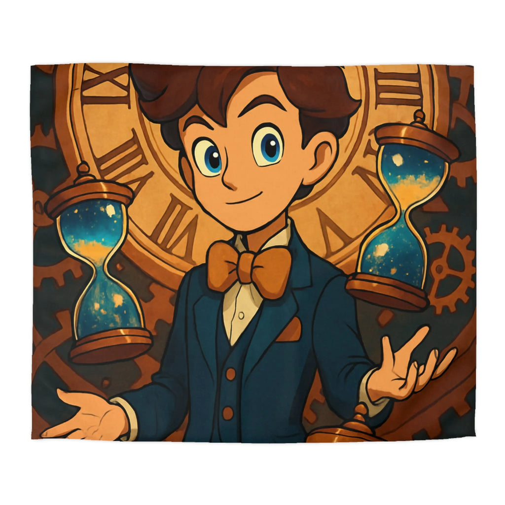 Élégante housse de couette thème horloger avec personnage stylisé et sabliers dorés