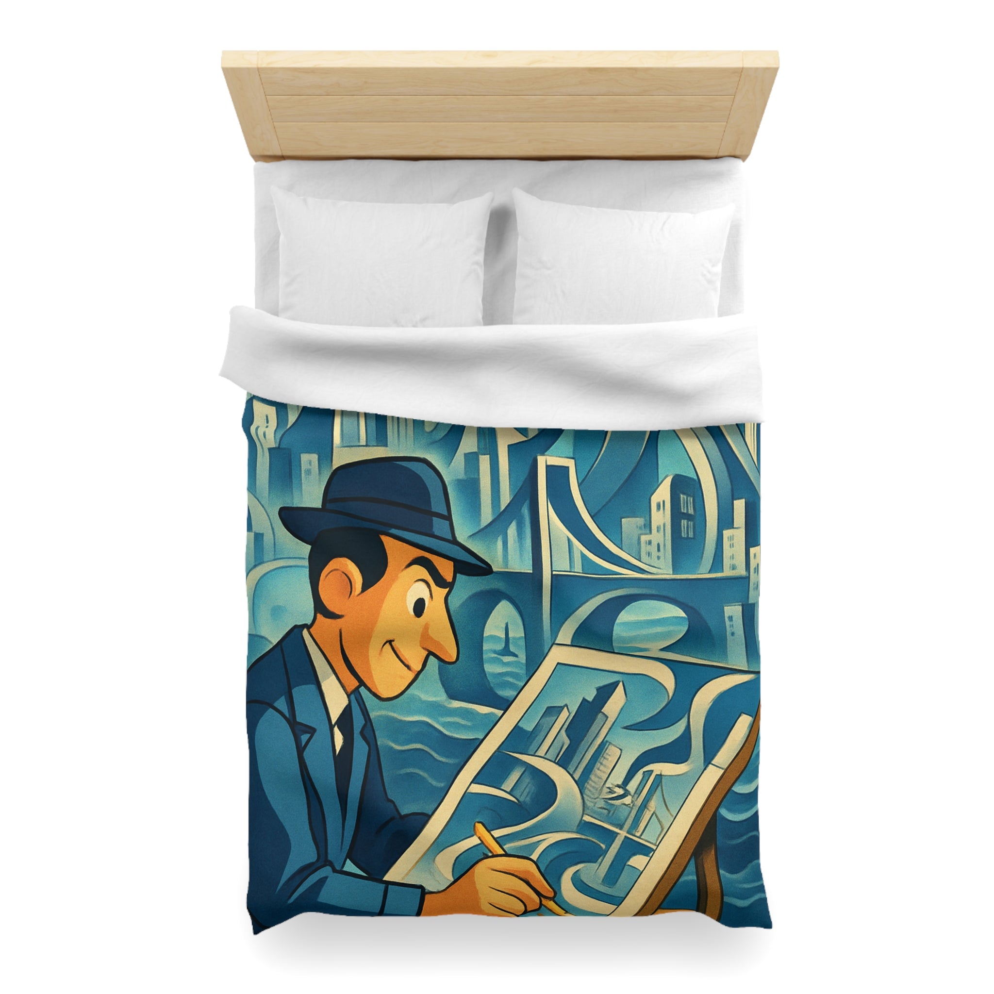 Motifs artistiques urbains bleus et jaunes pour une housse de couette moderne et stylée