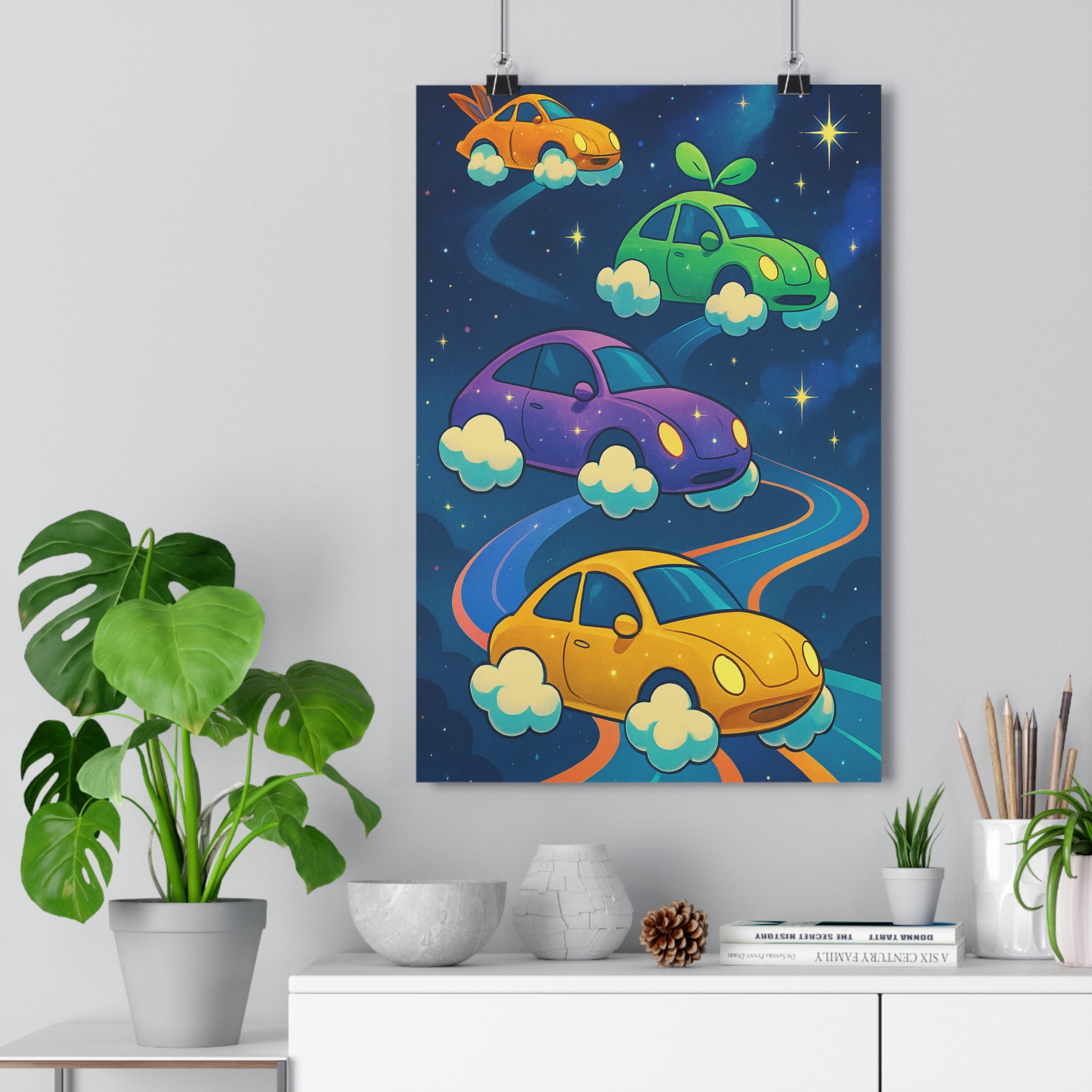 Poster décoratif voiture colorée cartoon futuriste magique ciel étoilé salon chambre enfant vibrant unique