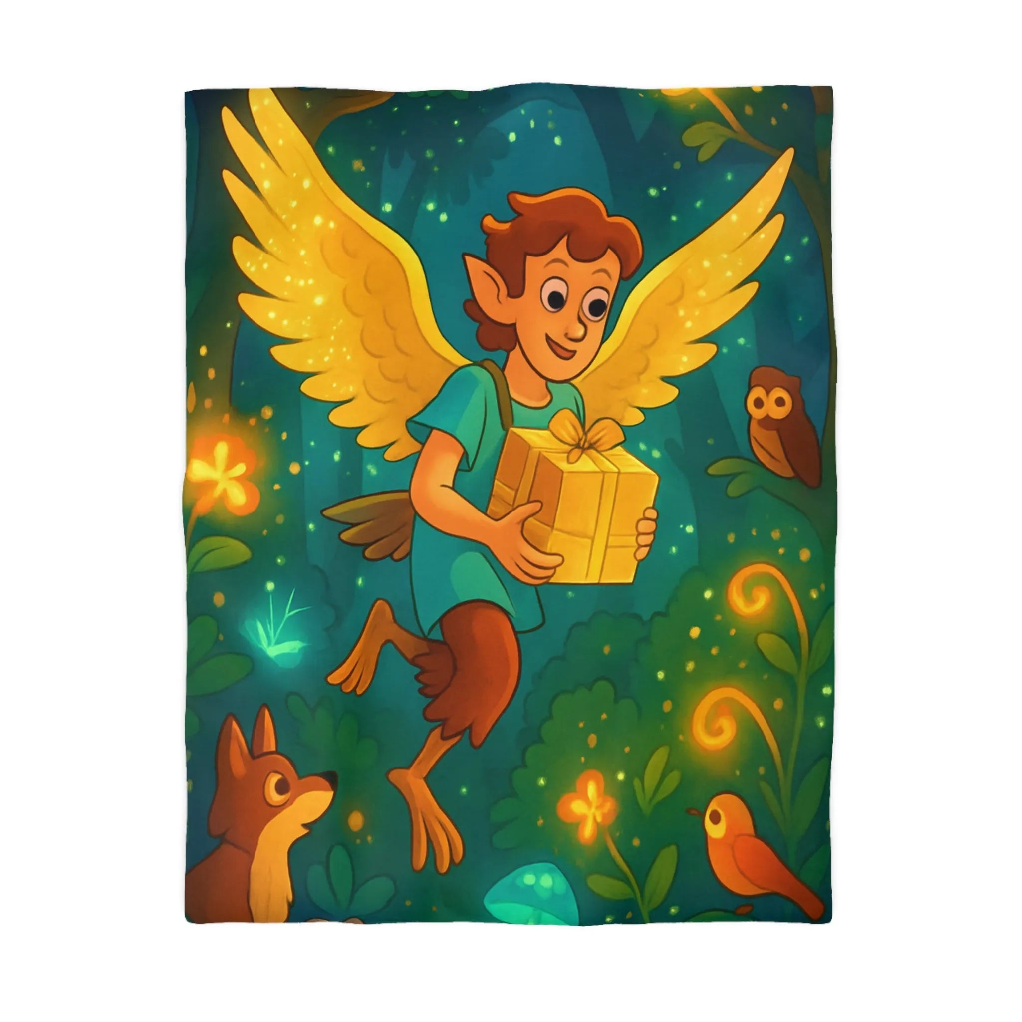 Housse de couette illustrant une créature ailée enchantée apportant un cadeau magique lumineux