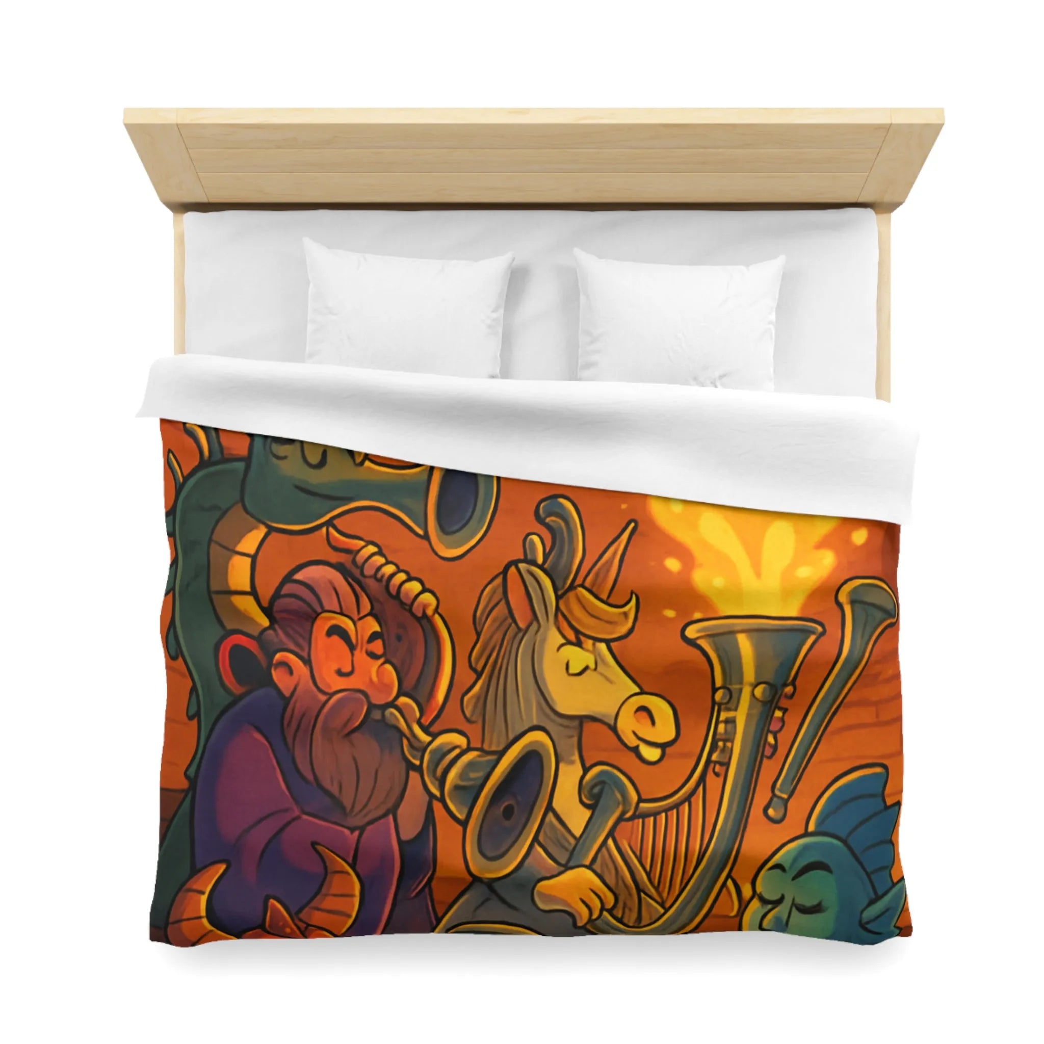 Housse de couette fantastique illustrée avec dragons, musiciens mythiques et couleurs flamboyantes
