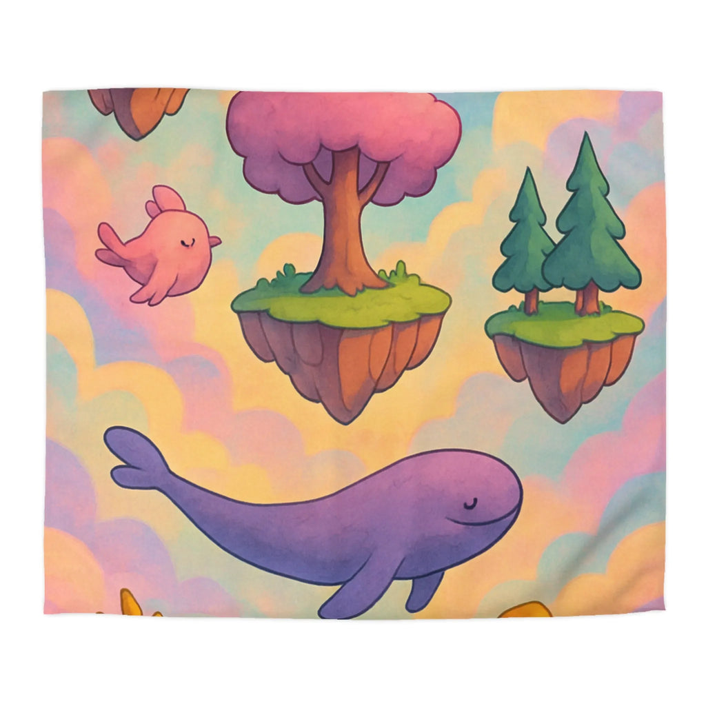 Housse de couette avec îles flottantes et créatures rêveuses dans un ciel magique